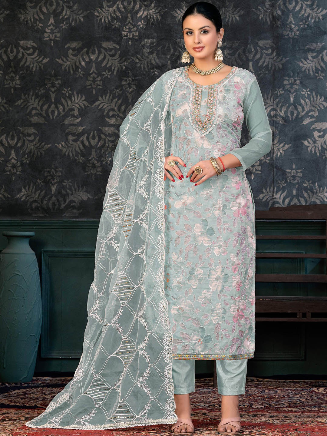 SHADOW & SAINING Floral Embroidered Zari Organza Semi-Stitched Dress Material, Sea green
SHADOW & SAINING Floral Embroidered Zari Organza Semi-Stitched Dress Material, Sea green
