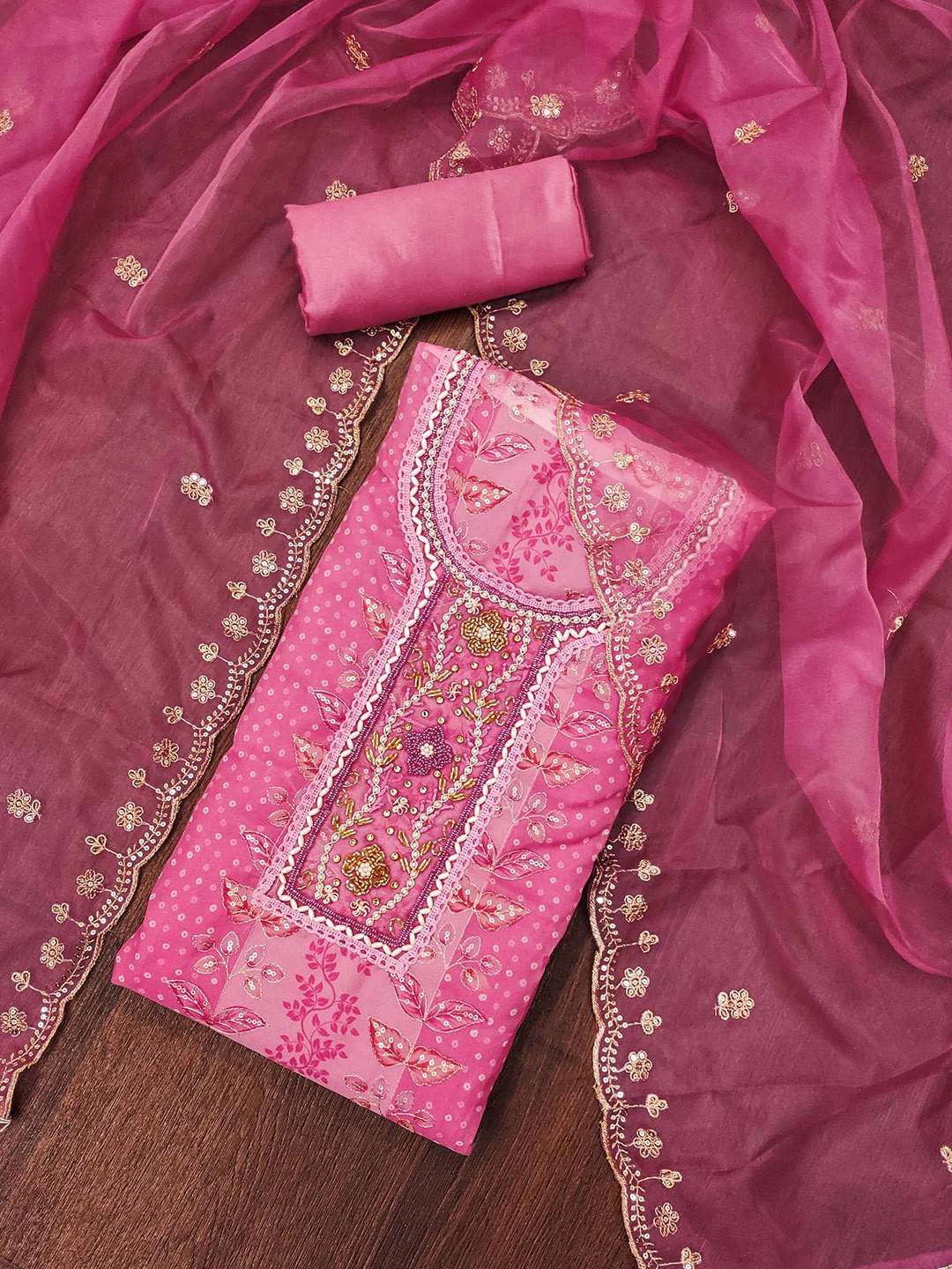 SHADOW & SAINING Bandhani Printed Beads And Stones Organza Semi-Stitched Dress Material, Pink
SHADOW & SAINING Bandhani Printed Beads And Stones Organza Semi-Stitched Dress Material, Pink