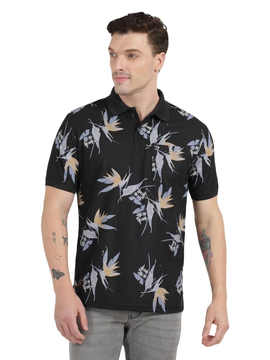 Clarke Gable Men Slim Fit Floral Printed Polo Collar Moisture Wicking Cotton T-shirt, Black
Clarke Gable Men Slim Fit Floral Printed Polo Collar Moisture Wicking Cotton T-shirt, Black