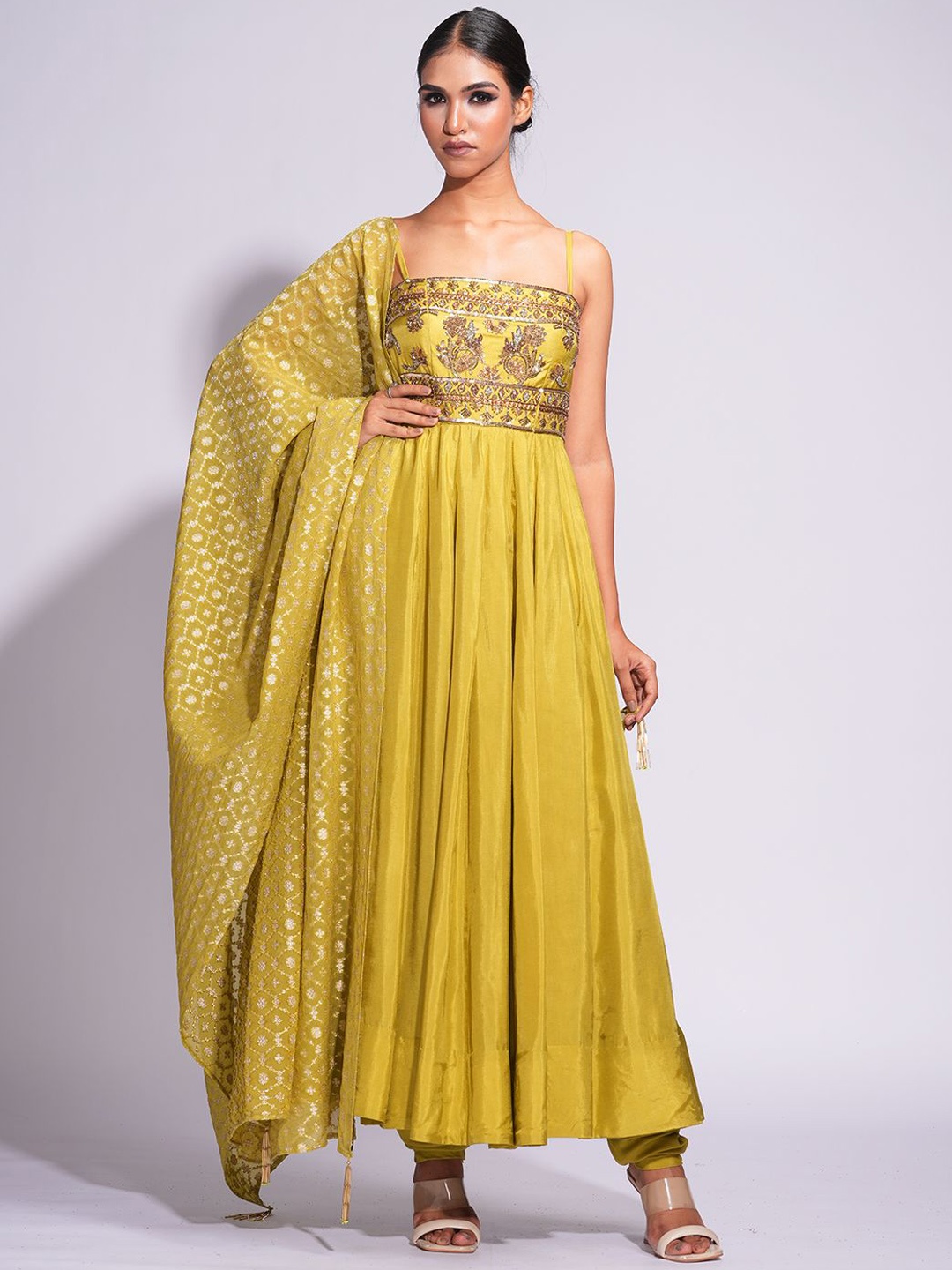 Shruti S Floral Yoke Design Pure Silk Anarkali Kurta With Churidar & Banarasi Dupatta, Yellow
Shruti S Floral Yoke Design Pure Silk Anarkali Kurta With Churidar & Banarasi Dupatta, Yellow