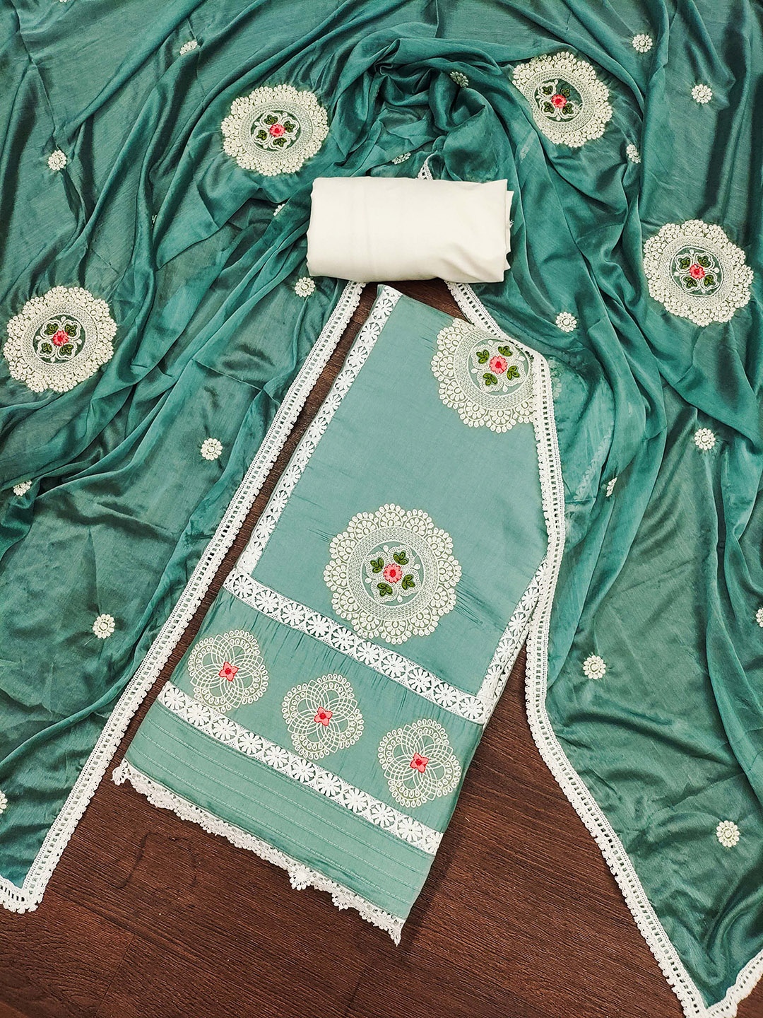 SHADOW & SAINING Floral Embroidered Roman Silk Semi-Stitched Dress Material, Sea green
SHADOW & SAINING Floral Embroidered Roman Silk Semi-Stitched Dress Material, Sea green