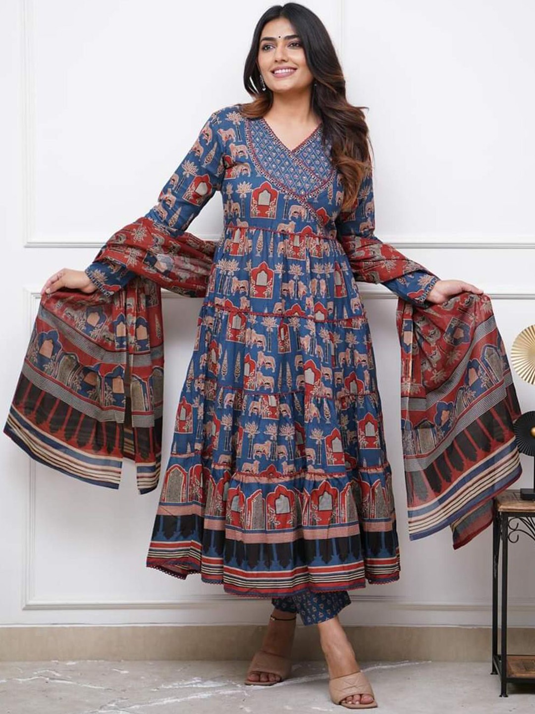 BAESD Women Kalamkari Printed Thread Work Pure Cotton Ethnic Motifs Anarkali Kurta Set, Blue
BAESD Women Kalamkari Printed Thread Work Pure Cotton Ethnic Motifs Anarkali Kurta Set, Blue