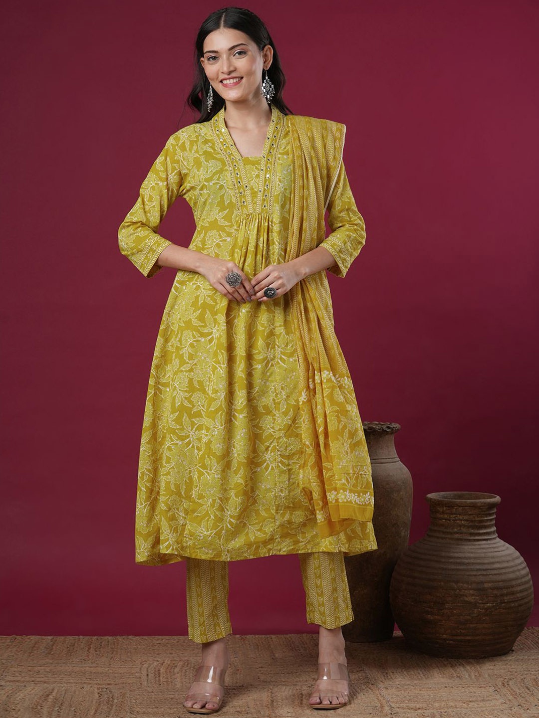 FASHOR Floral Printed Pure Cotton V-Neck Paneled A-line Kurta With Trousers And Dupatta, Mustard
FASHOR Floral Printed Pure Cotton V-Neck Paneled A-line Kurta With Trousers And Dupatta, Mustard