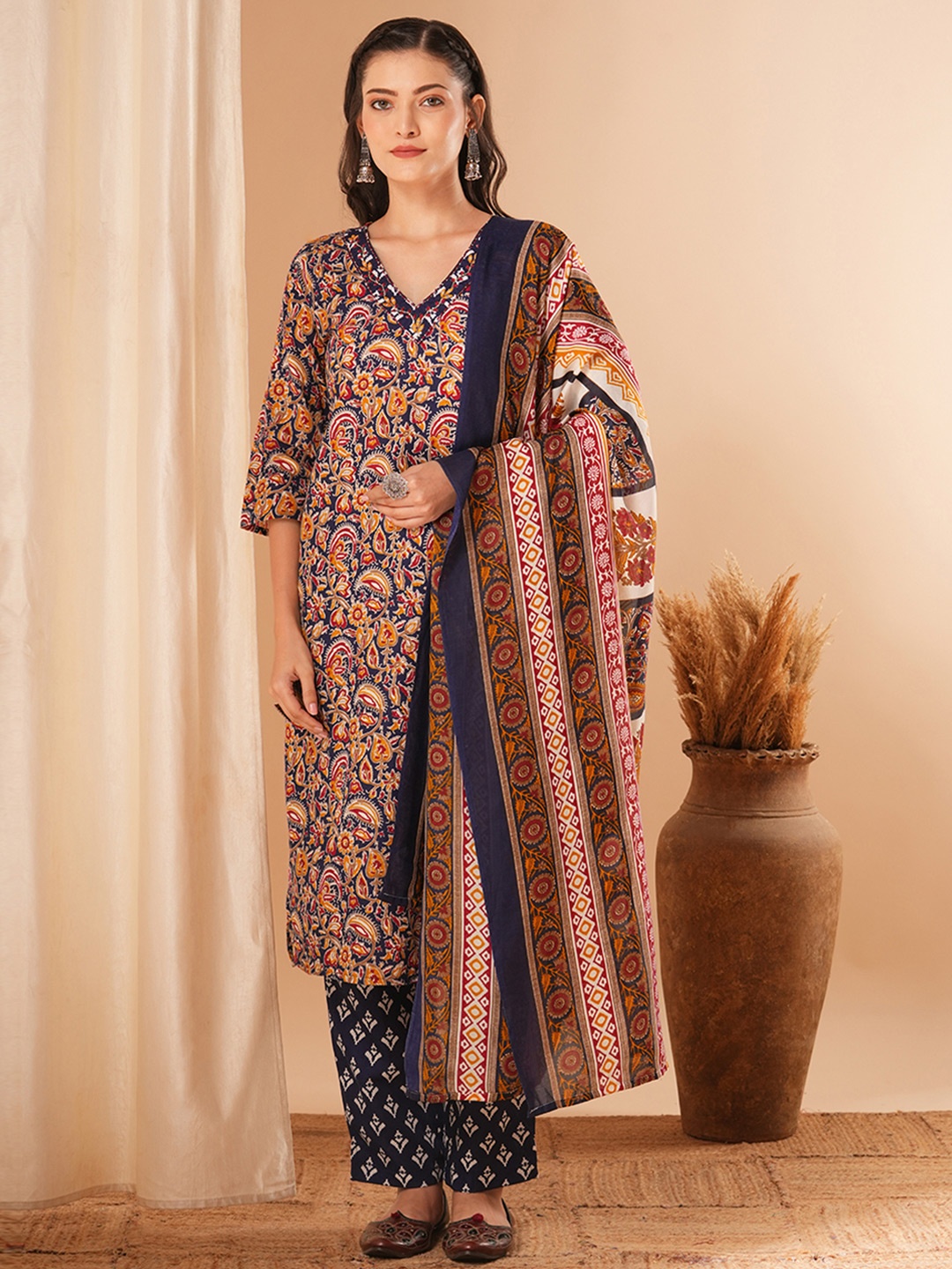 FASHOR Floral Printed V-Neck Pure Cotton Straight Kurta With Trousers & Dupatta, Blue
FASHOR Floral Printed V-Neck Pure Cotton Straight Kurta With Trousers & Dupatta, Blue