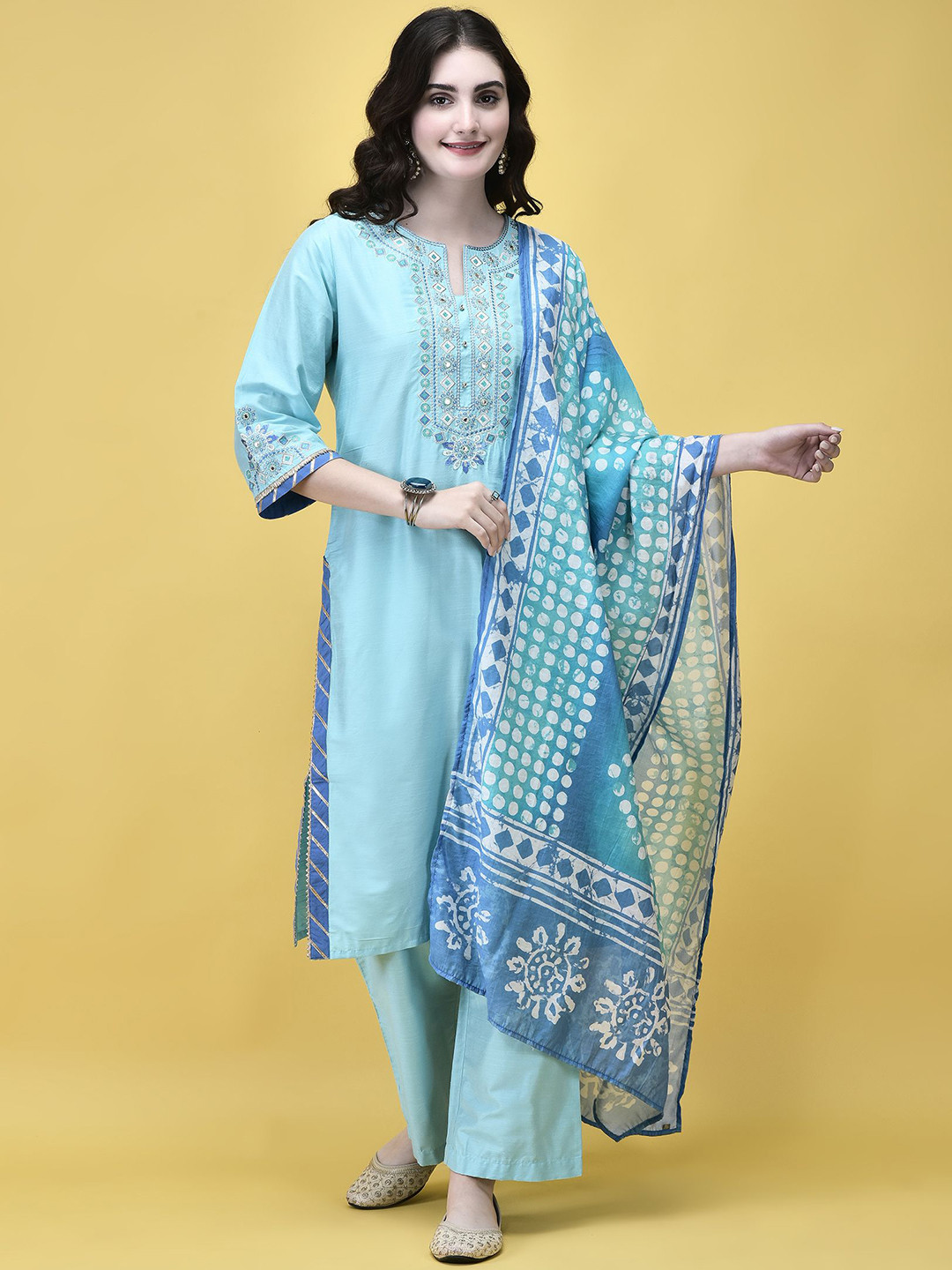 Shree Geometric Yoke Design Notch Neck Mirror Work Straight Kurta With Trouser And Dupatta, Blue 
Shree Geometric Yoke Design Notch Neck Mirror Work Straight Kurta With Trouser And Dupatta, Blue