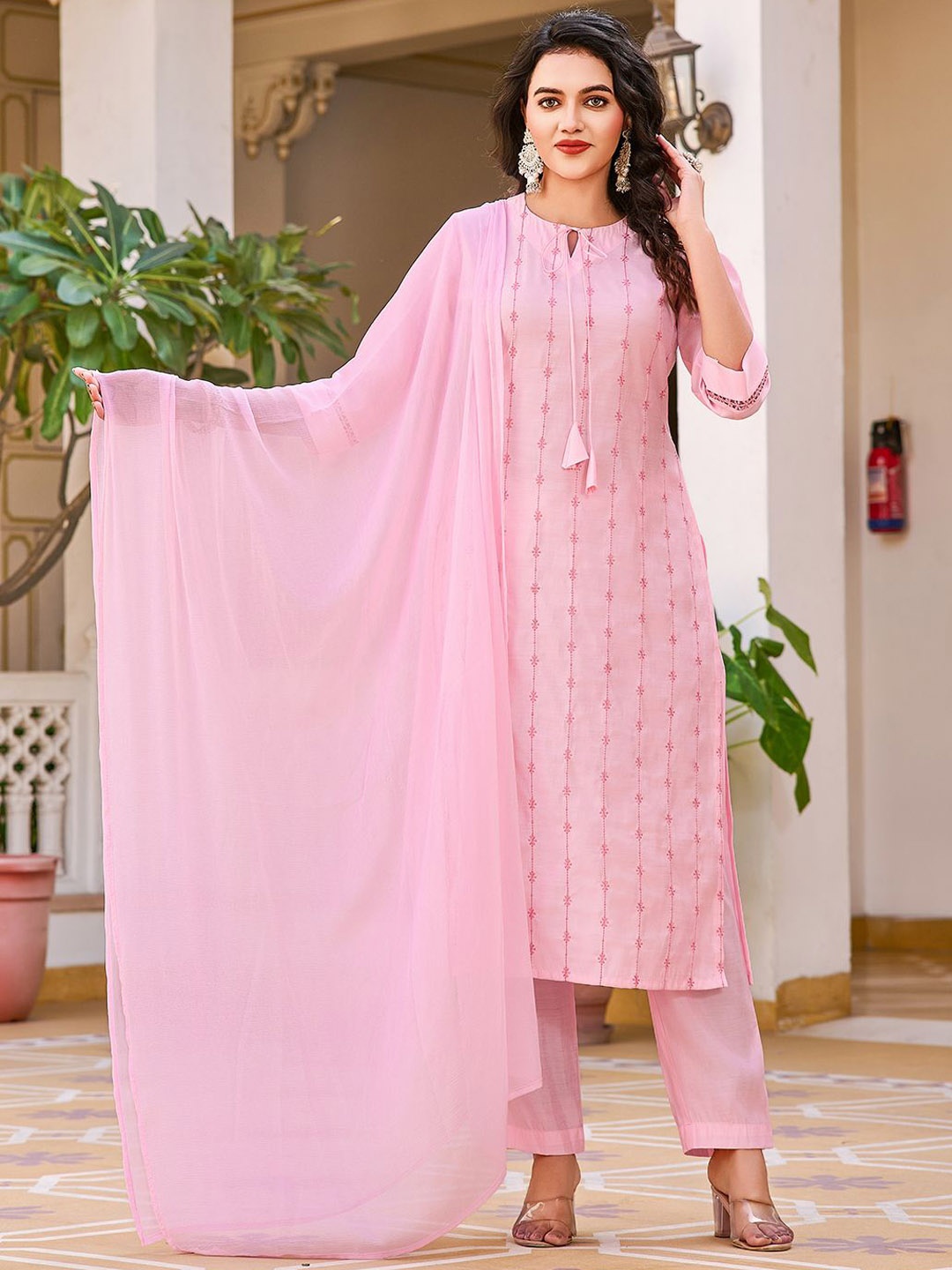 VIBE VISION Floral Embroidered Tie-Up Neck Straight Kurta With Trousers & Dupatta, Pink
VIBE VISION Floral Embroidered Tie-Up Neck Straight Kurta With Trousers & Dupatta, Pink