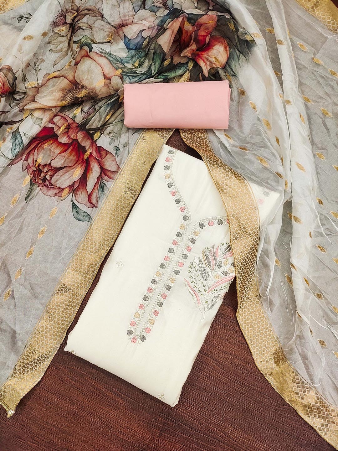 SHADOW & SAINING Floral Embroidered Thread Work Pure Silk Semi-Stitched Dress Material, White
SHADOW & SAINING Floral Embroidered Thread Work Pure Silk Semi-Stitched Dress Material, White