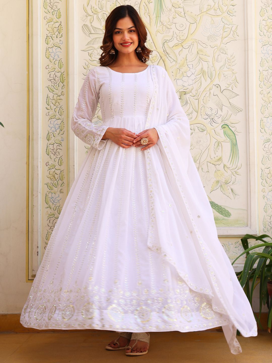 Wedani Floral Embroidered Sequinned Anarkali Georgette Kurta With Trousers & Dupatta, White
Wedani Floral Embroidered Sequinned Anarkali Georgette Kurta With Trousers & Dupatta, White