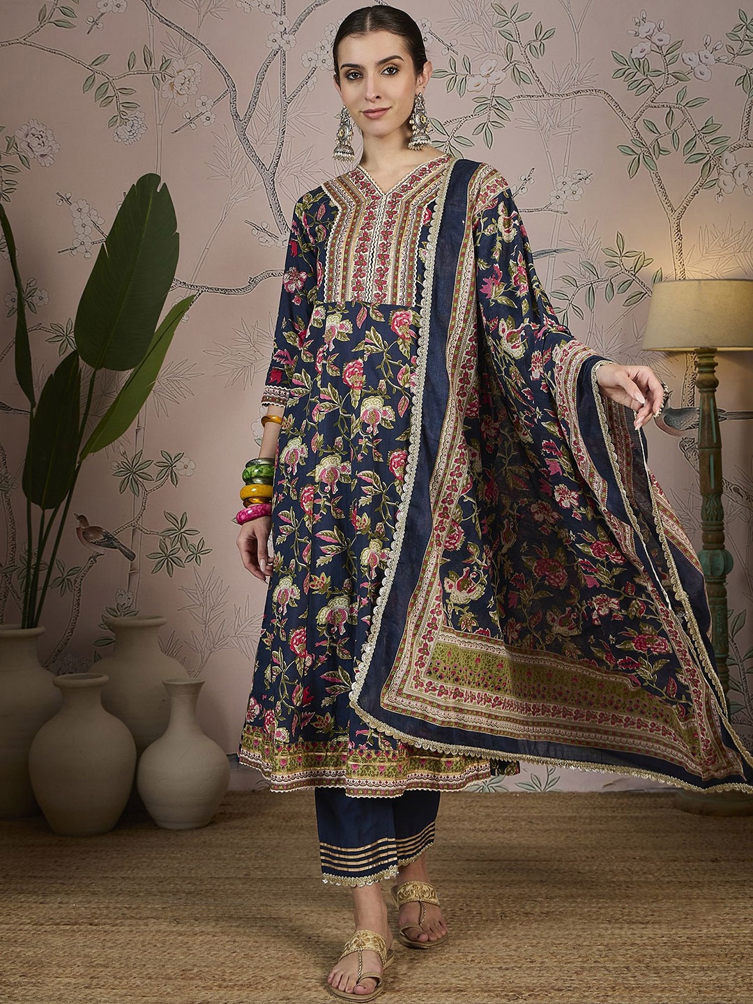 Sangria Floral Printed V-Neck Anarkali Pure Cotton Kurta With Trousers & Dupatta, Blue
Sangria Floral Printed V-Neck Anarkali Pure Cotton Kurta With Trousers & Dupatta, Blue
