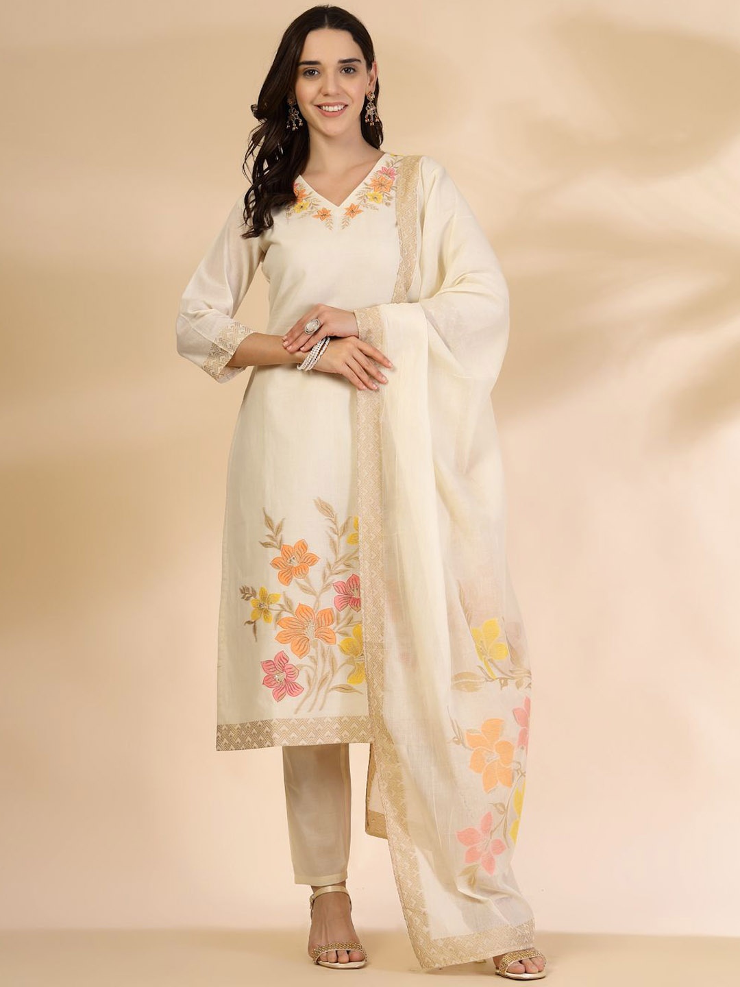 Yufta Floral Embroidered Thread Work Pure Cotton Straight Kurta With Trousers & Dupatta, Off white
Yufta Floral Embroidered Thread Work Pure Cotton Straight Kurta With Trousers & Dupatta, Off white