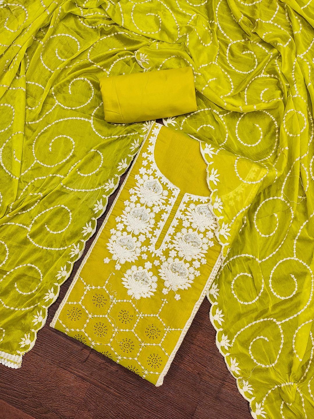 SHADOW & SAINING Floral Embroidered Zari Chanderi Silk Semi-Stitched Dress Material, Lime green
SHADOW & SAINING Floral Embroidered Zari Chanderi Silk Semi-Stitched Dress Material, Lime green