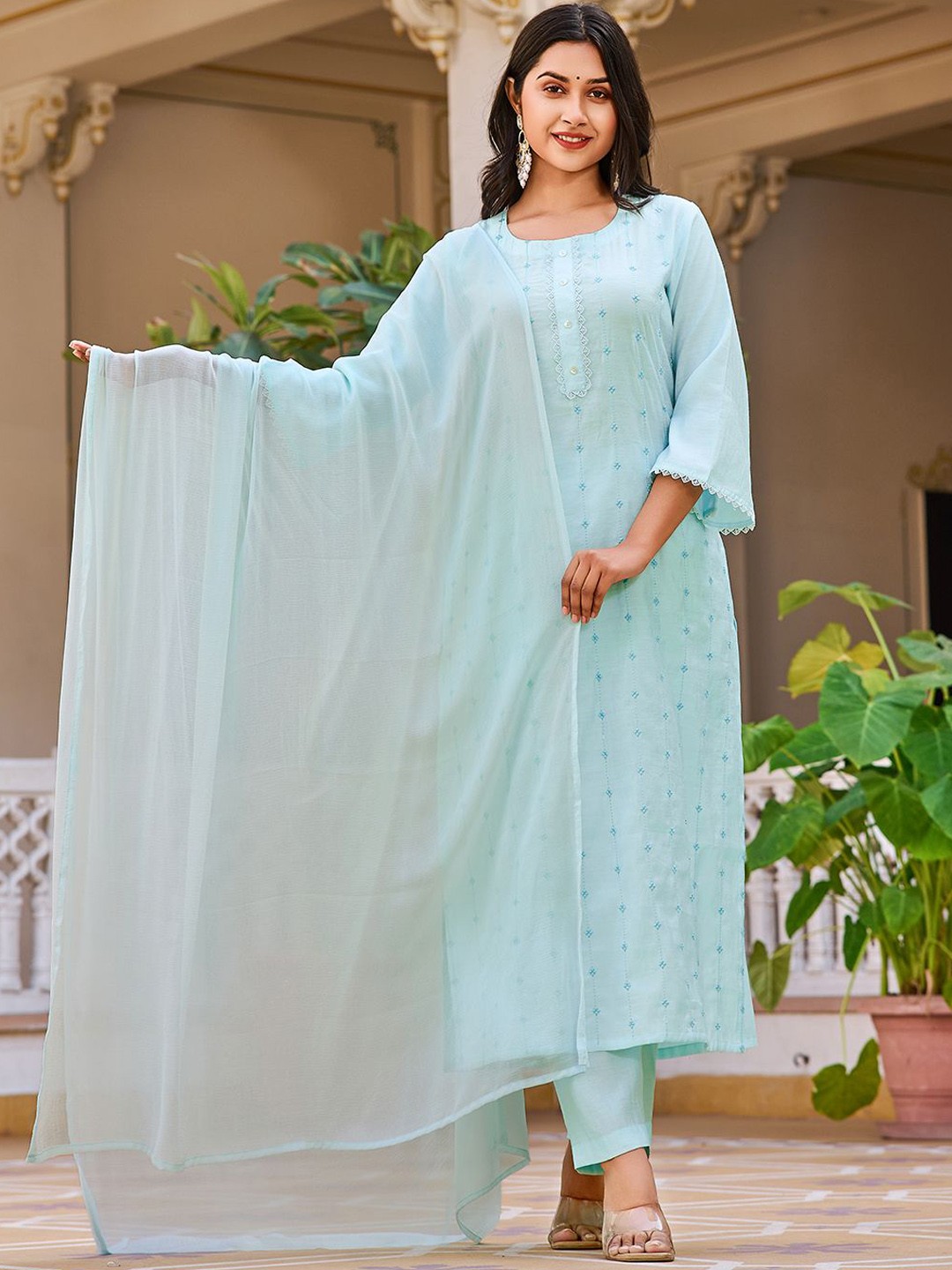 VIBE VISION Floral Embroidered Round Neck Straight Kurta With Trousers & Dupatta, Blue
VIBE VISION Floral Embroidered Round Neck Straight Kurta With Trousers & Dupatta, Blue