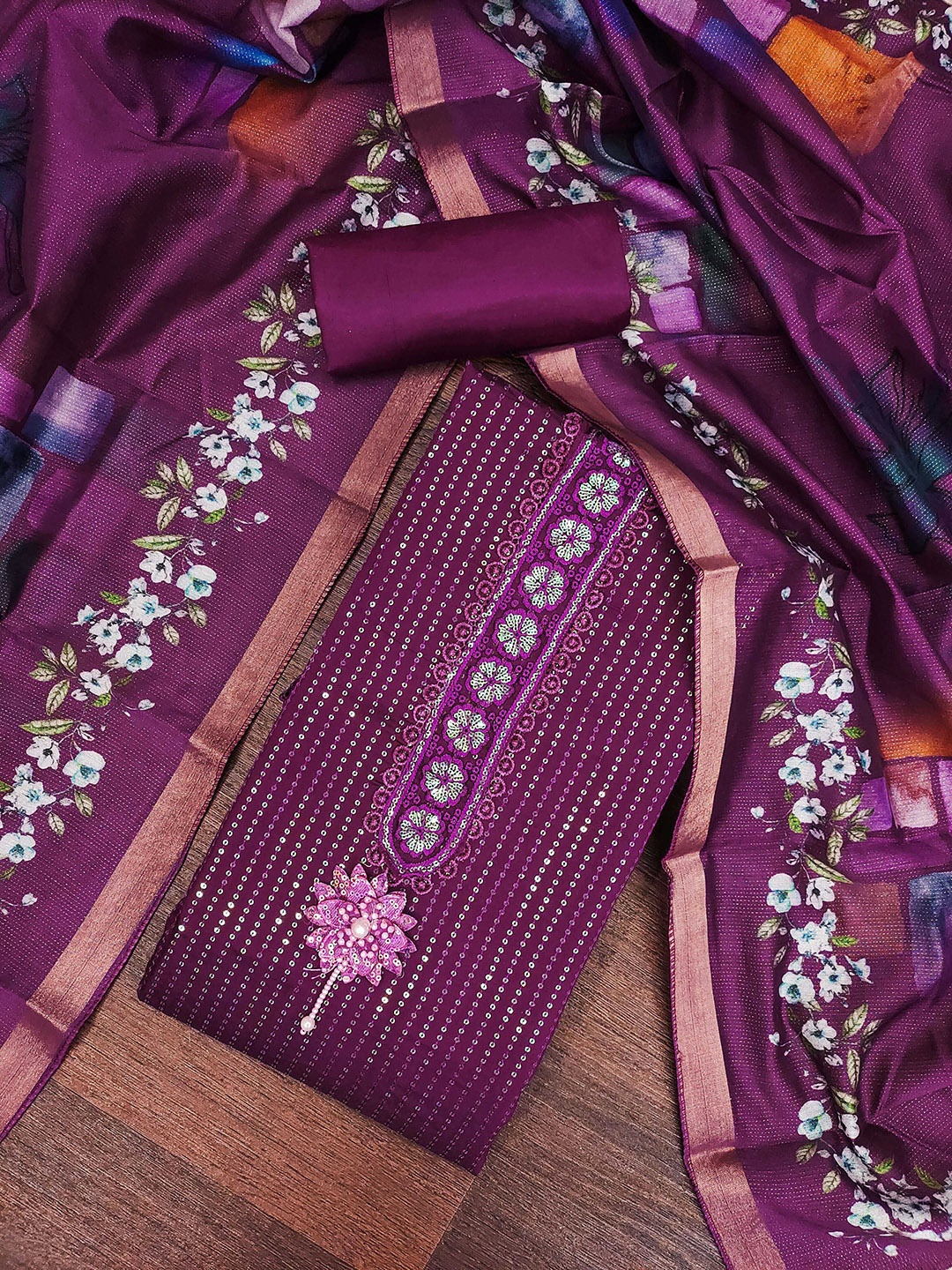 SHADOW & SAINING Floral Embroidered Sequinned Pure Silk Semi-Stitched Dress Material, Purple
SHADOW & SAINING Floral Embroidered Sequinned Pure Silk Semi-Stitched Dress Material, Purple