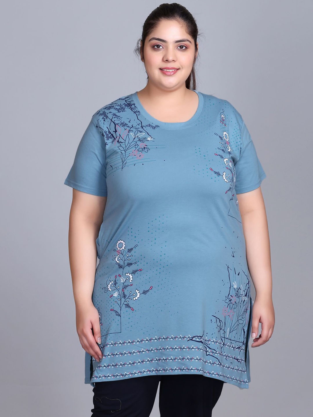 IN Love Plus Size Floral Printed Round Neck Short Sleeves Longline Cotton T-Shirt, Blue
IN Love Plus Size Floral Printed Round Neck Short Sleeves Longline Cotton T-Shirt, Blue