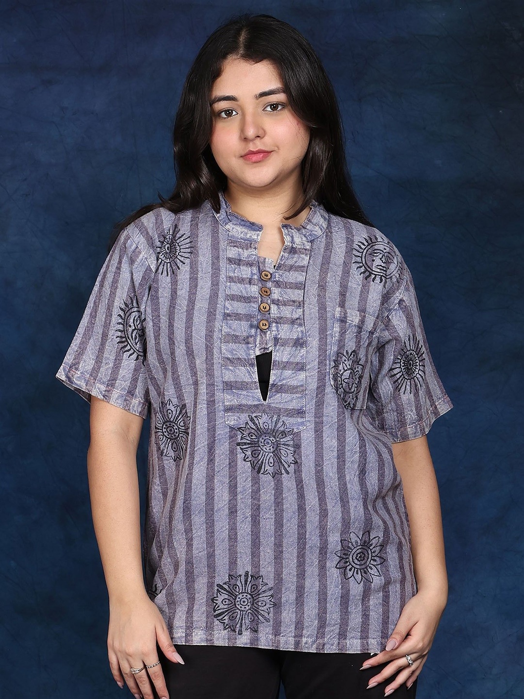 Exotic Women Cotton Short Kurti with Printed Auspicious Symbols of Hinduism, Navy blue
Exotic Women Cotton Short Kurti with Printed Auspicious Symbols of Hinduism, Navy blue