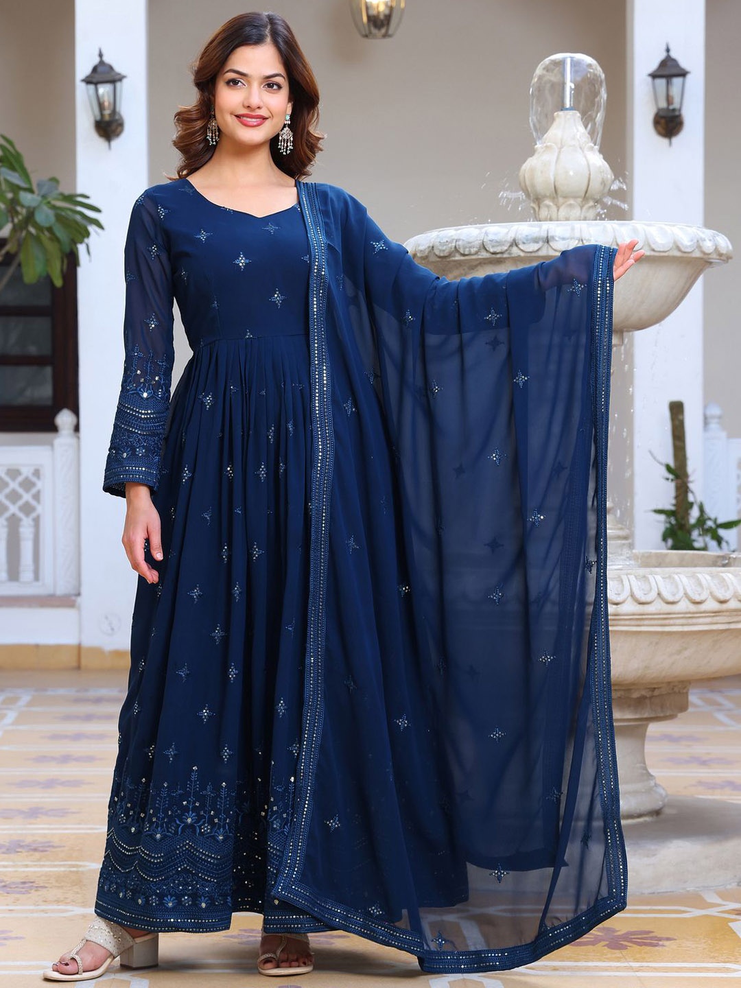 Wedani Floral Embroidered Pleated Silk Georgette Anarkali Kurta With Trousers & Dupatta, Turquoise blue
Wedani Floral Embroidered Pleated Silk Georgette Anarkali Kurta With Trousers & Dupatta, Turquoise blue