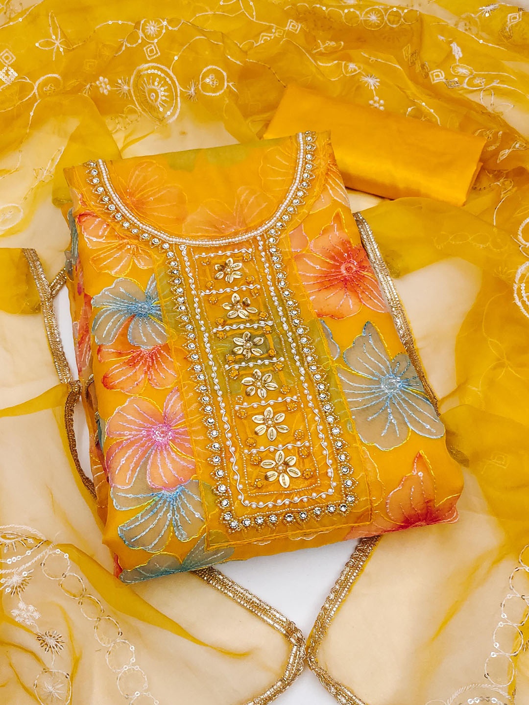 SHADOW & SAINING Floral Embroidered Beads And Stones Organza Semi-Stitched Dress Material, Mustard
SHADOW & SAINING Floral Embroidered Beads And Stones Organza Semi-Stitched Dress Material, Mustard