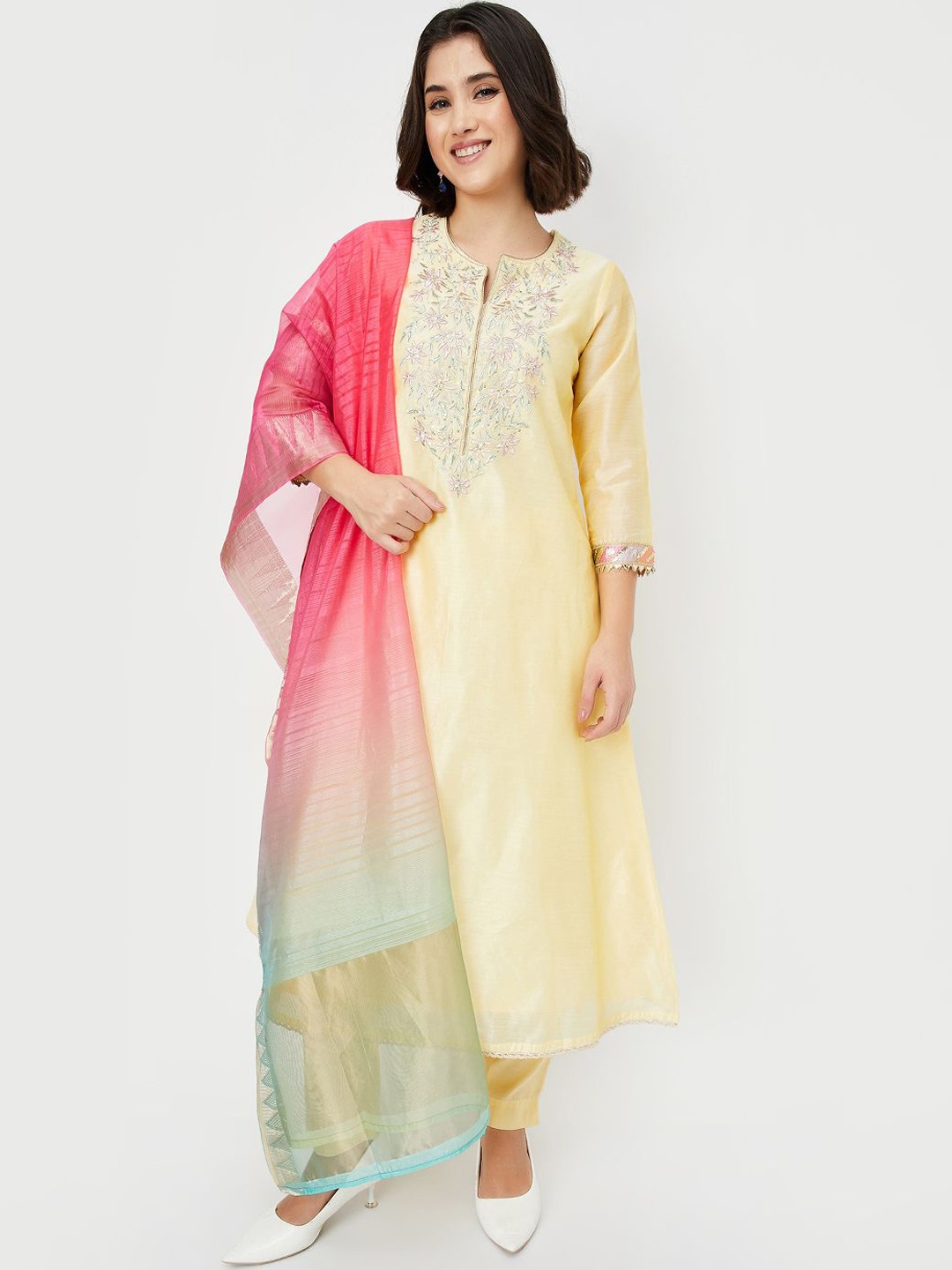 max Floral Yoke Design Notch-Neck Embroidered A-Line Kurta With Trousers & Dupatta, Yellow
max Floral Yoke Design Notch-Neck Embroidered A-Line Kurta With Trousers & Dupatta, Yellow