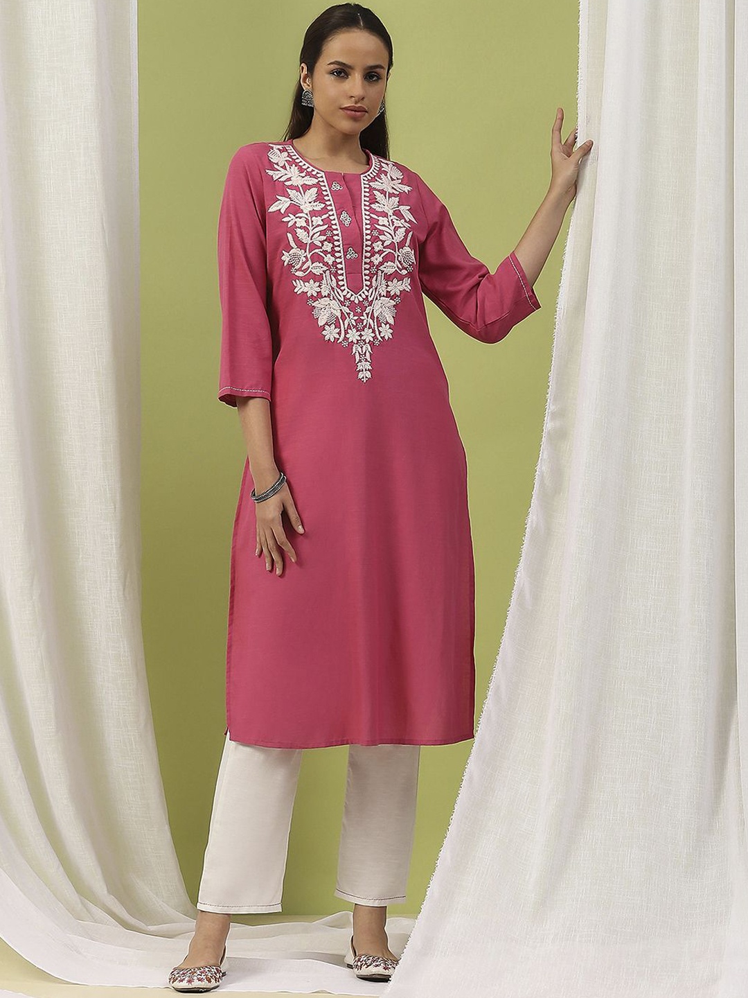 Nayam By Lakshita Floral Yoke Design Thread Work Pure Cotton Kurta With Trousers, Pink
Nayam By Lakshita Floral Yoke Design Thread Work Pure Cotton Kurta With Trousers, Pink