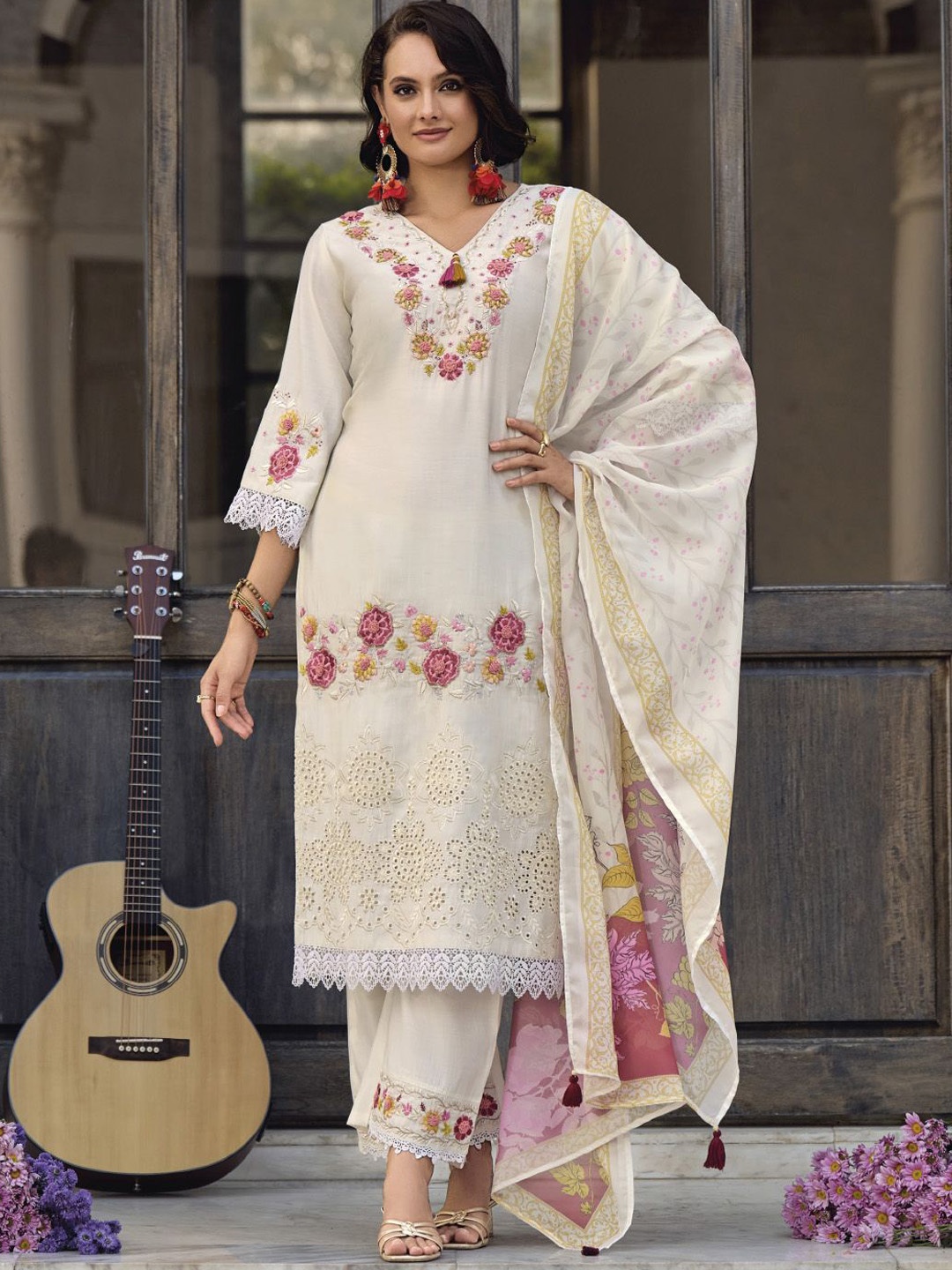 Varanga Floral Embroidered Thread Work Pure Cotton Straight Kurta With Trousers & Dupatta, Off white
Varanga Floral Embroidered Thread Work Pure Cotton Straight Kurta With Trousers & Dupatta, Off white