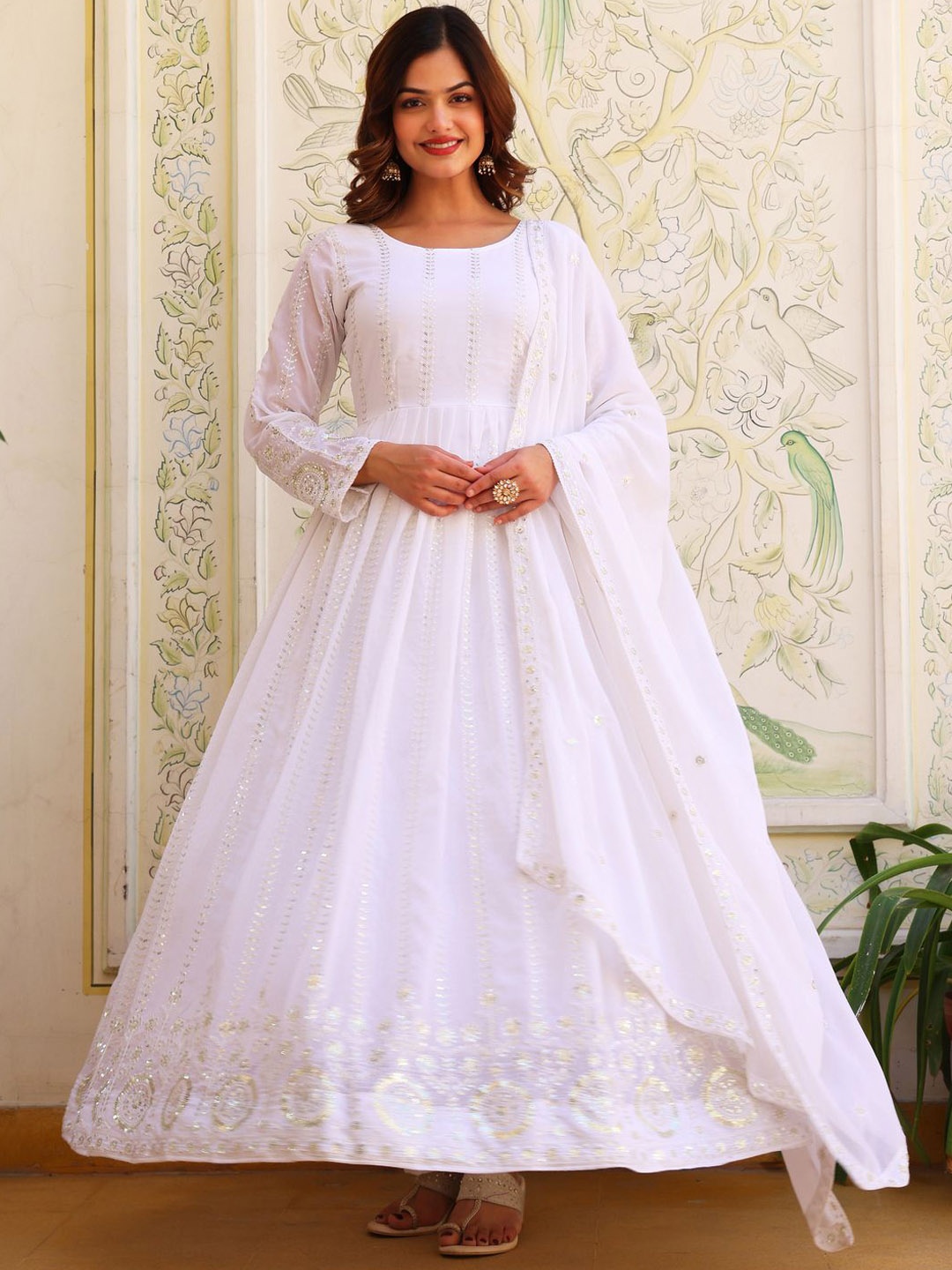 KALINI Floral Embroidered Sequinned Georgette Anarkali Kurta With Pyjamas & Dupatta, White
KALINI Floral Embroidered Sequinned Georgette Anarkali Kurta With Pyjamas & Dupatta, White