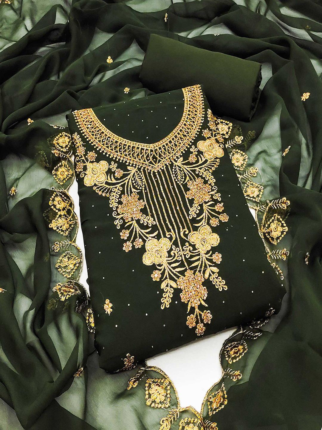 Peachmode Floral Embroidered Zari Work Silk Georgette Unstitched Dress Material, Green
Peachmode Floral Embroidered Zari Work Silk Georgette Unstitched Dress Material, Green