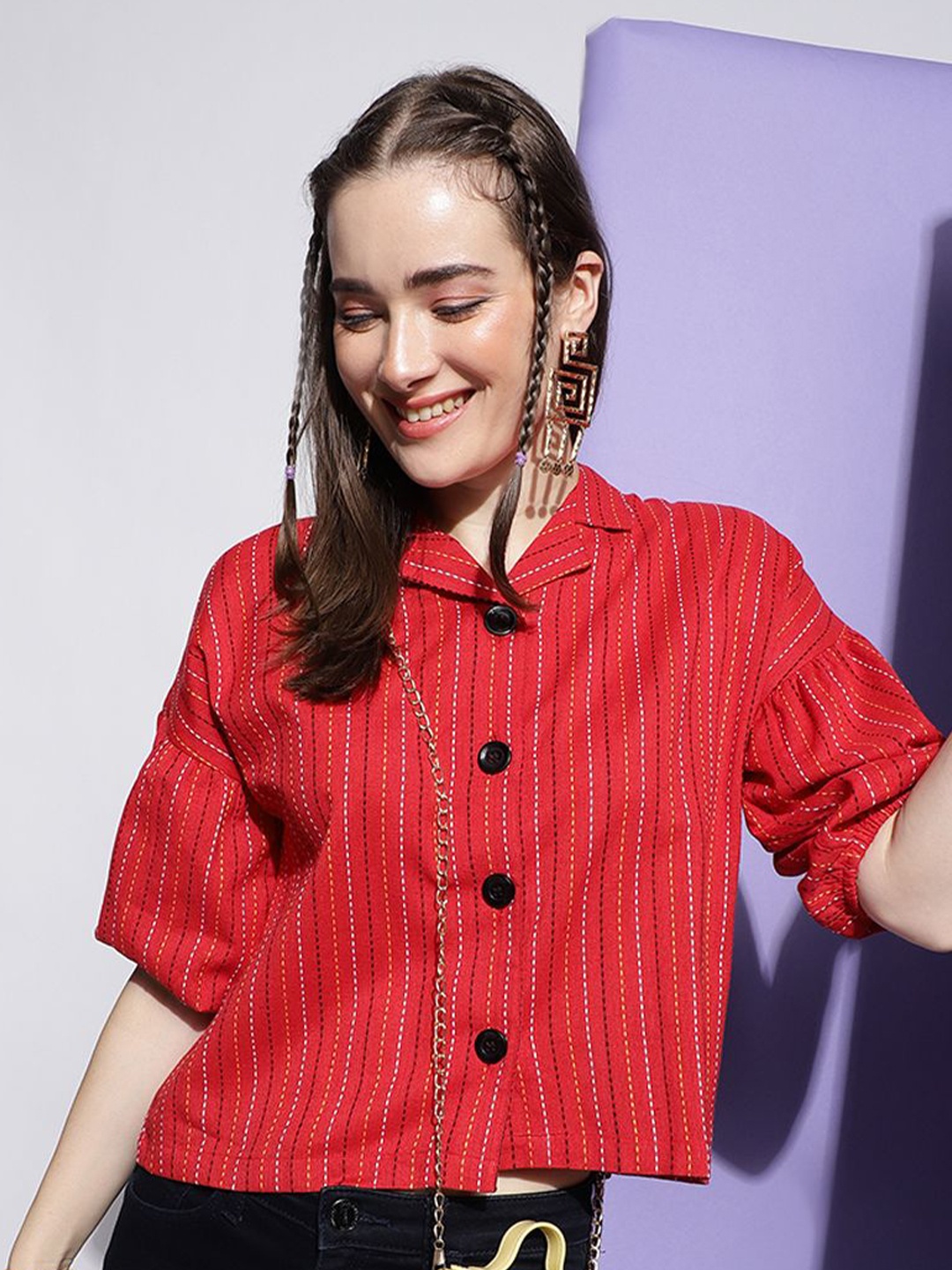 Metronaut Smart Boxy Opaque Striped Cuban Collar Puff Sleeves Cotton Casual Shirt, Red
Metronaut Smart Boxy Opaque Striped Cuban Collar Puff Sleeves Cotton Casual Shirt, Red