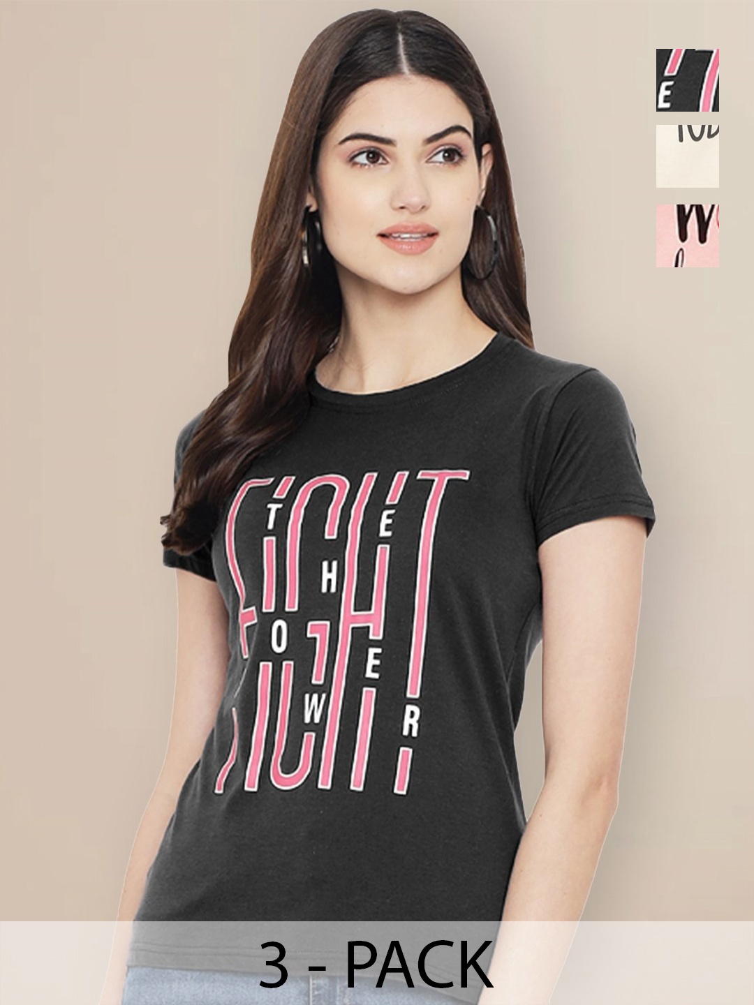 GLOBAL NOMAD Women Pack of 3 Typography Printed Round Neck Cotton T-shirts, Charcoal
GLOBAL NOMAD Women Pack of 3 Typography Printed Round Neck Cotton T-shirts, Charcoal