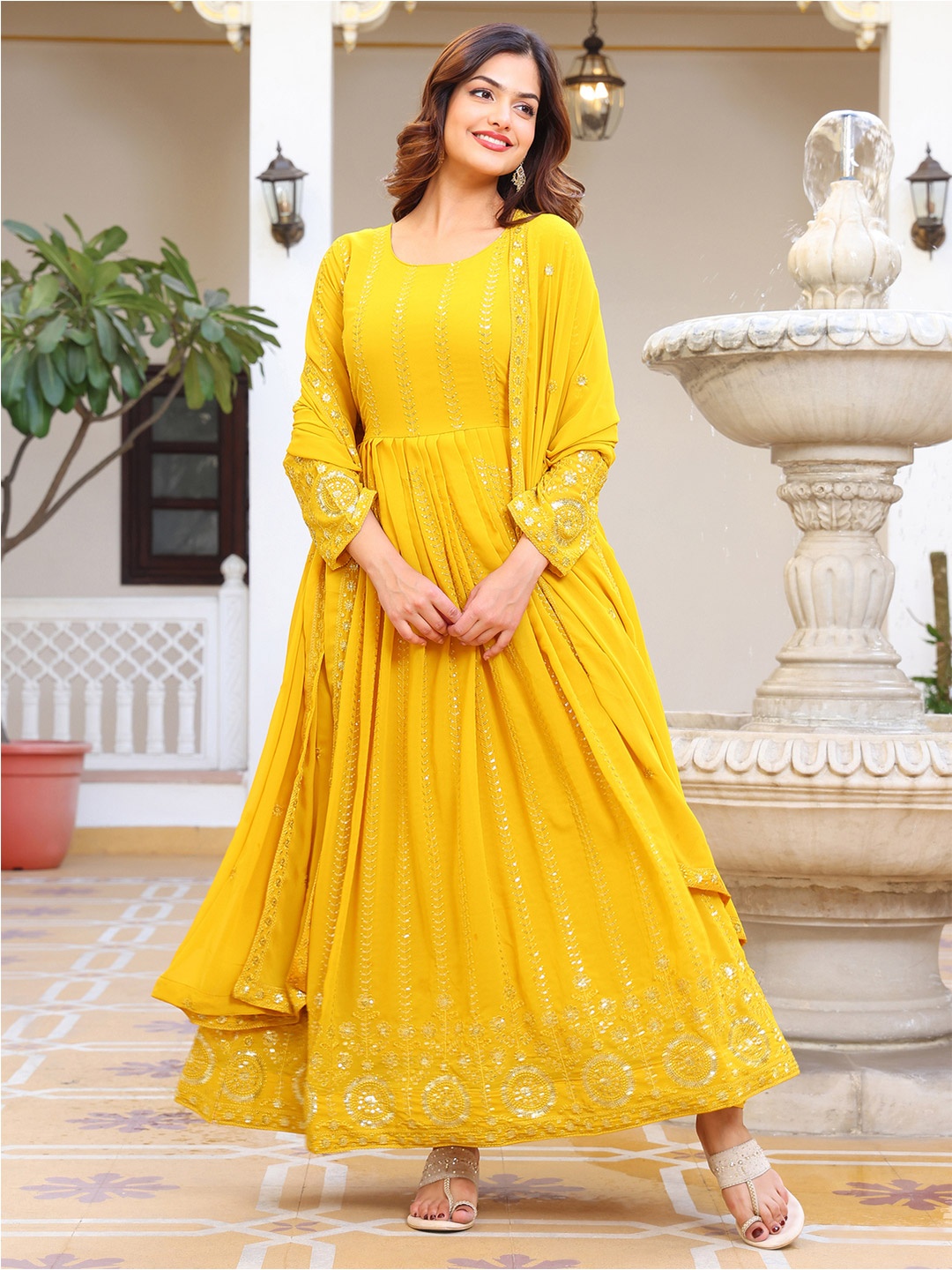 KALINI Floral Embroidered Sequinned Anarkali Georgette Kurta With Pyjama And Dupatta, Yellow
KALINI Floral Embroidered Sequinned Anarkali Georgette Kurta With Pyjama And Dupatta, Yellow