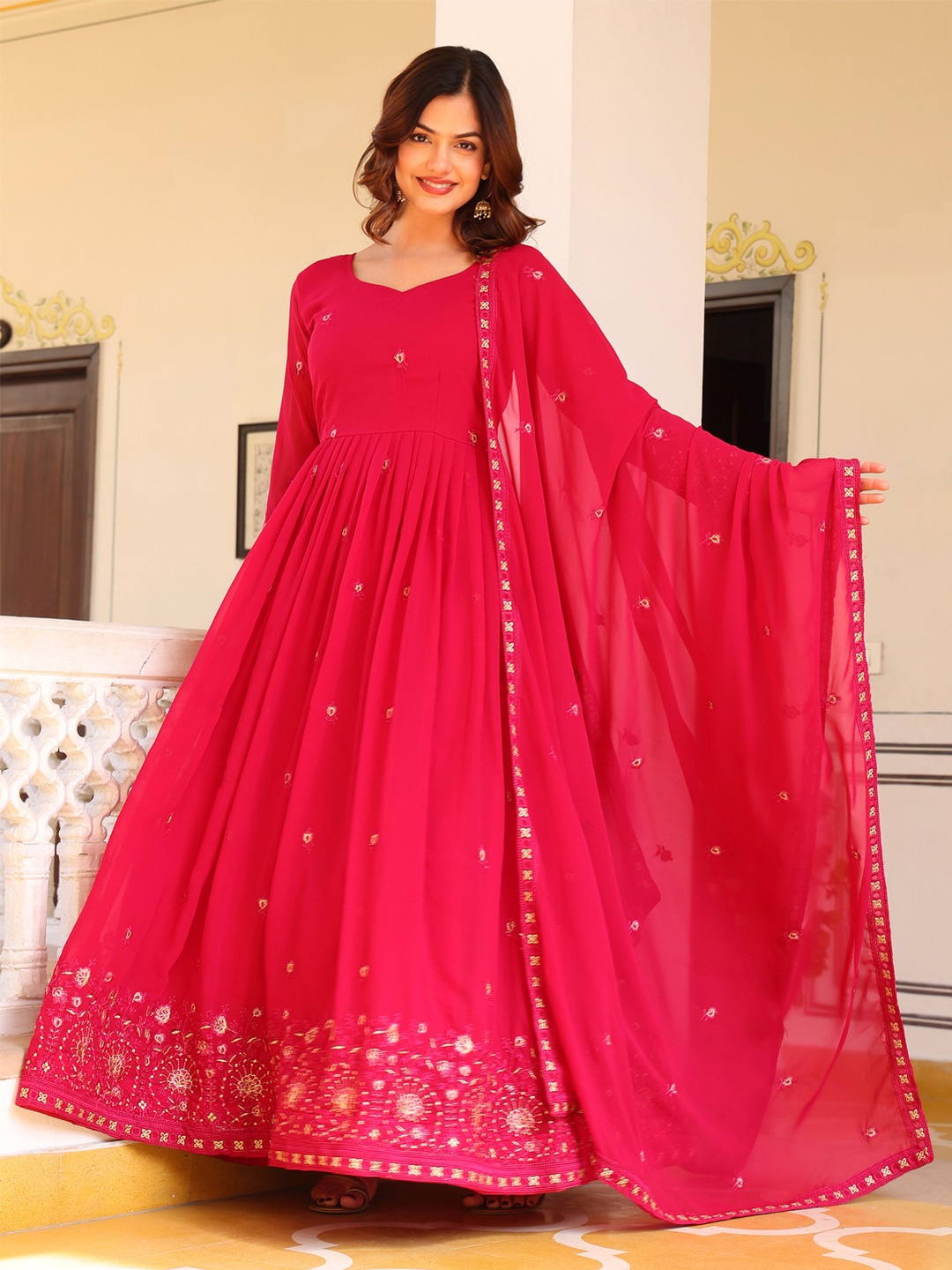 KALINI Floral Embroidered Sweetheart Neck Georgette Kurta With Pyjamas & Dupatta, Pink
KALINI Floral Embroidered Sweetheart Neck Georgette Kurta With Pyjamas & Dupatta, Pink