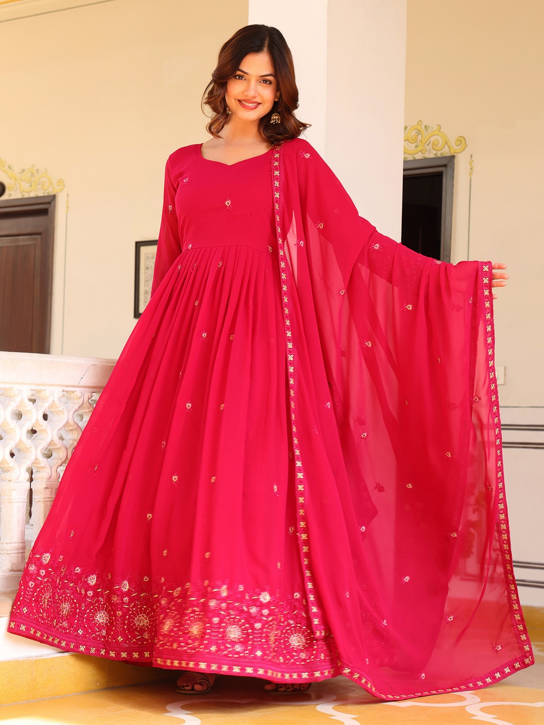 KALINI Floral Embroidered Sequinned Silk Georgette Anarkali Kurta with Trouser & Dupatta, Pink
KALINI Floral Embroidered Sequinned Silk Georgette Anarkali Kurta with Trouser & Dupatta, Pink