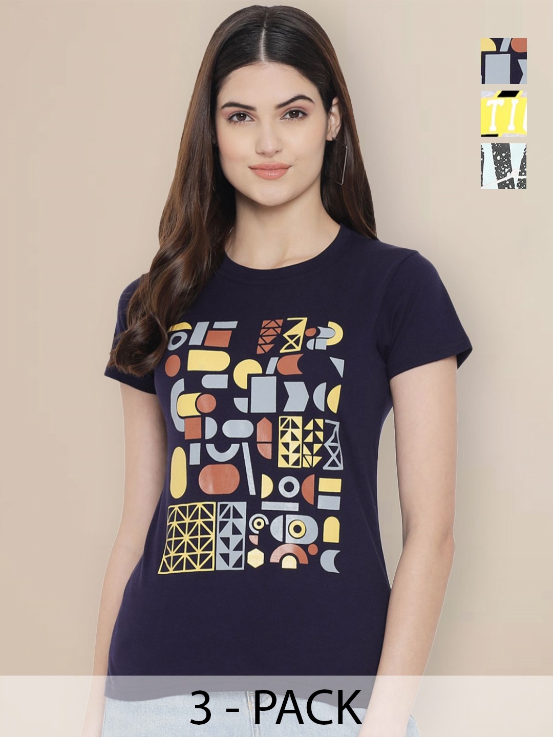 GLOBAL NOMAD Women Pack of 3 Typography Printed Round Neck Cotton T-shirts, Navy blue
GLOBAL NOMAD Women Pack of 3 Typography Printed Round Neck Cotton T-shirts, Navy blue