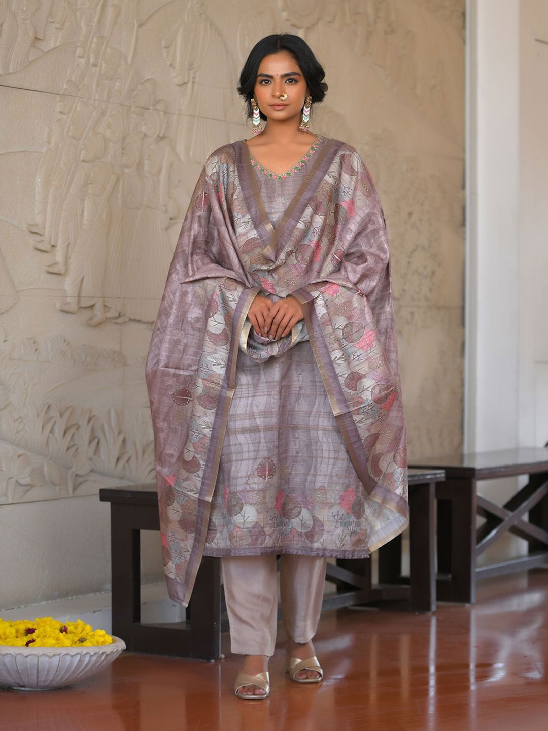 VAASVA JAIPUR Abstract Printed V-Neck Pure Silk Straight Kurta With Trouser And Dupatta, Grey
VAASVA JAIPUR Abstract Printed V-Neck Pure Silk Straight Kurta With Trouser And Dupatta, Grey