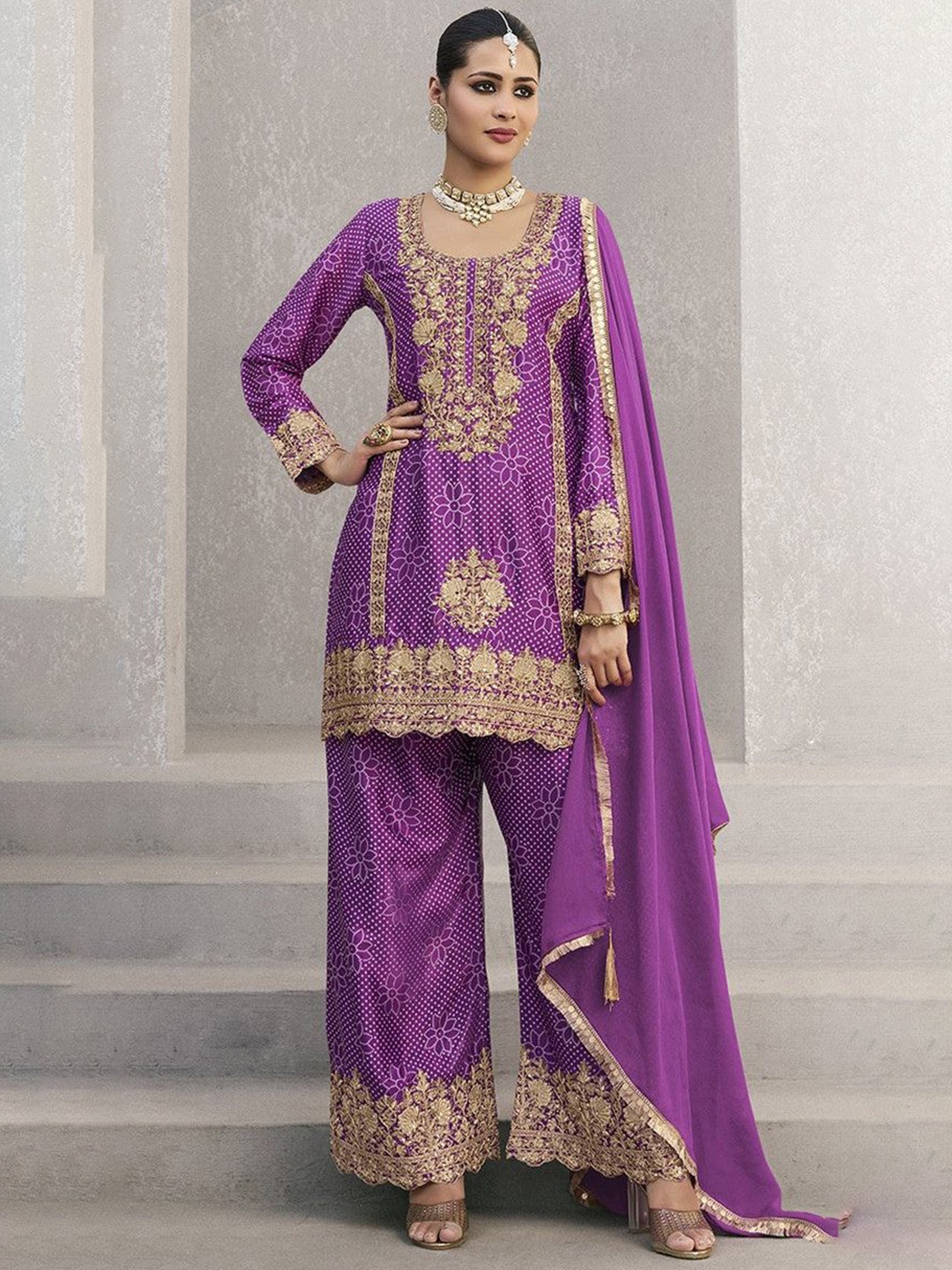 AUTUMN LANE Floral Printed Sequinned Pure Cotton Straight Kurta With Palazzos & Dupatta, Purple
AUTUMN LANE Floral Printed Sequinned Pure Cotton Straight Kurta With Palazzos & Dupatta, Purple