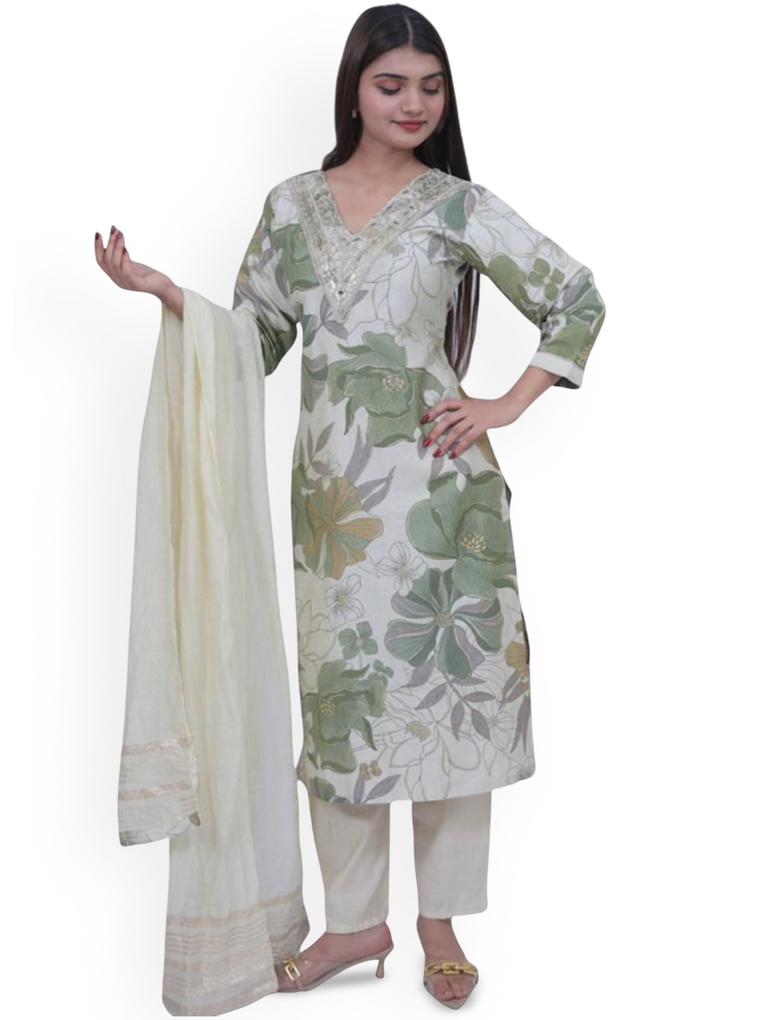 Wavy Collection Floral Printed Thread Work Pure Silk Straight Kurta with Trouser & Dupatta, White
Wavy Collection Floral Printed Thread Work Pure Silk Straight Kurta with Trouser & Dupatta, White