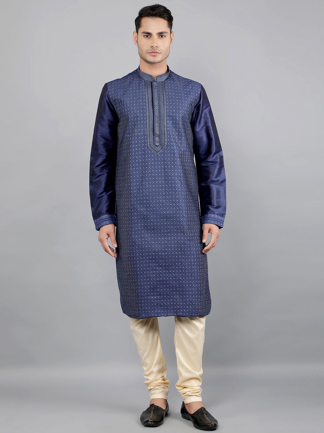 Manish Creations Geometric Woven Design mandarin Collar Straight Kurta With Churidar, Navy blue
Manish Creations Geometric Woven Design mandarin Collar Straight Kurta With Churidar, Navy blue
