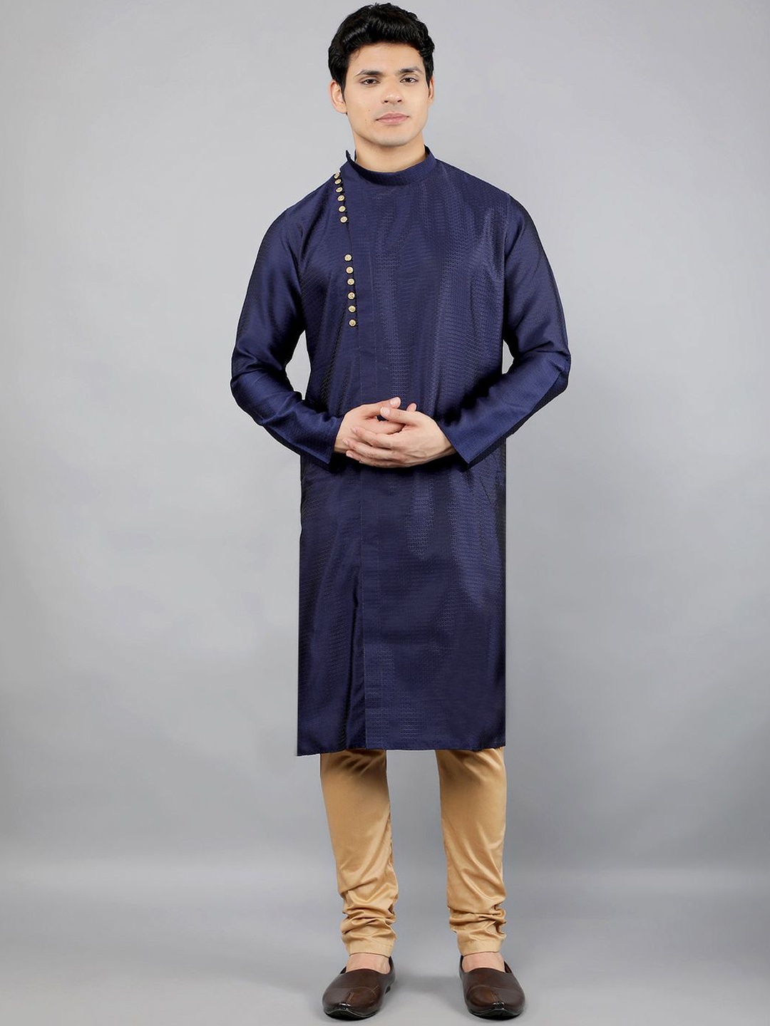 Manish Creations Geometric Woven Design Band Collar Jacquard Kurta with Churidar, Navy blue
Manish Creations Geometric Woven Design Band Collar Jacquard Kurta with Churidar, Navy blue