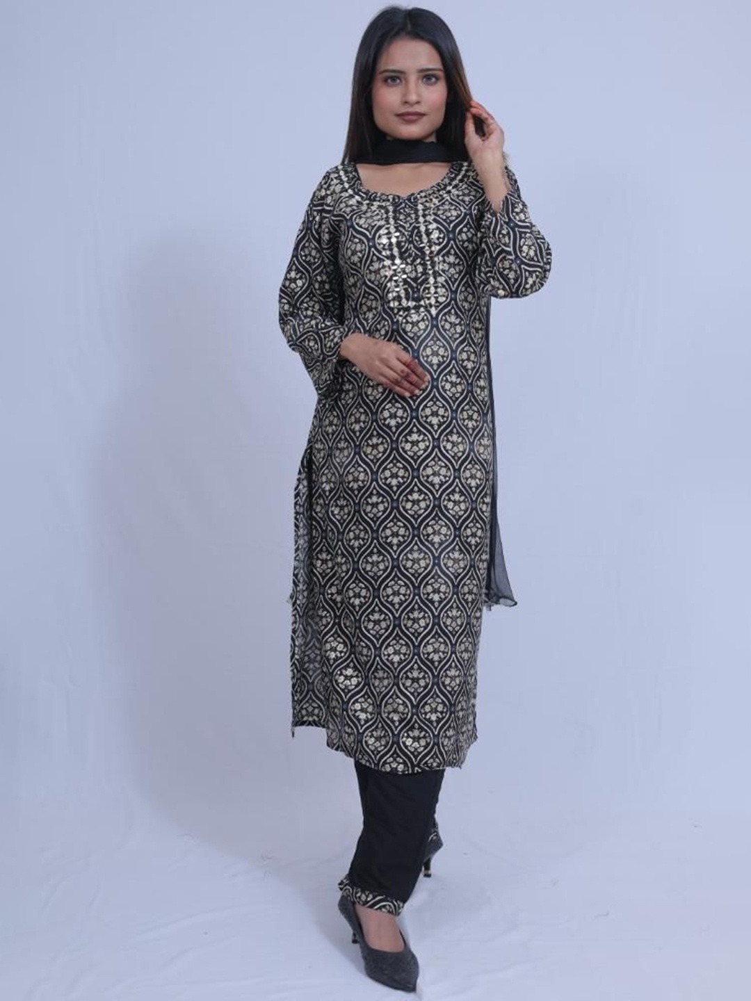 Wavy Collection Ethnic Motifs Printed Mirror Work Straight Kurta with Trouser & Dupatta, Black
Wavy Collection Ethnic Motifs Printed Mirror Work Straight Kurta with Trouser & Dupatta, Black