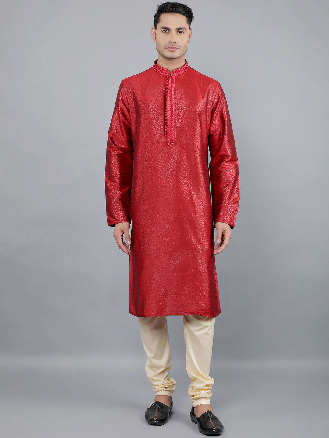 Manish Creations Floral Woven Design Mandarin Collar Straight Kurta With Churidar, Maroon 
Manish Creations Floral Woven Design Mandarin Collar Straight Kurta With Churidar, Maroon