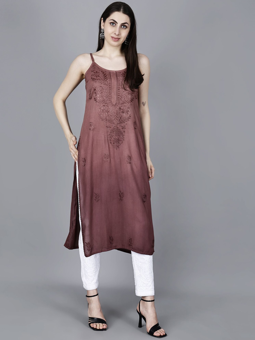 NAZAQAT ETHNIC INDIA Floral Embroidered Chikankari Shoulder Straps Modal Kurta, Brown
NAZAQAT ETHNIC INDIA Floral Embroidered Chikankari Shoulder Straps Modal Kurta, Brown