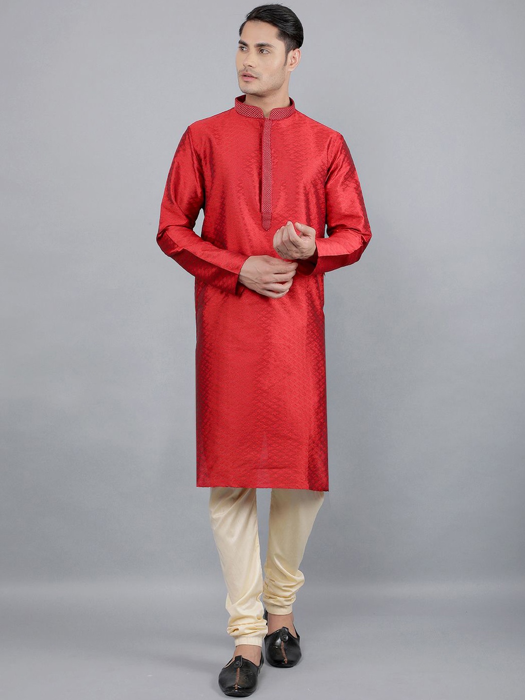Manish Creations Ethnic Motifs Woven Design Band Collar Jacquard Kurta with Churidar, Maroon
Manish Creations Ethnic Motifs Woven Design Band Collar Jacquard Kurta with Churidar, Maroon