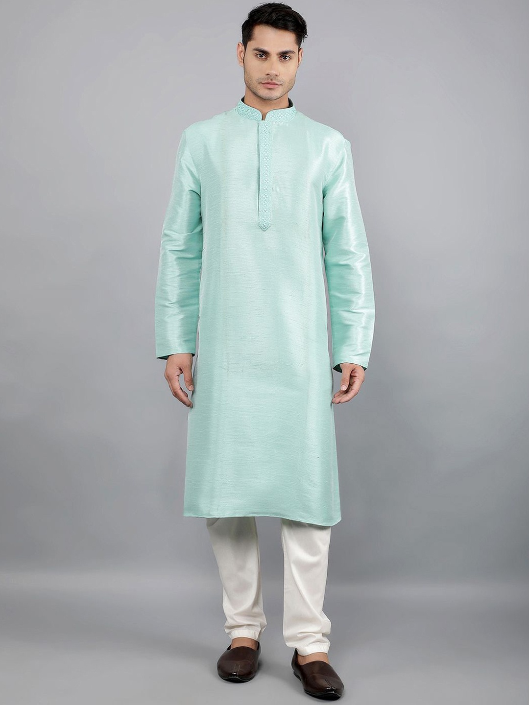 Manish Creations Floral Yoke Design Mandarin Collar Jacquard Kurta With Churidar, Blue
Manish Creations Floral Yoke Design Mandarin Collar Jacquard Kurta With Churidar, Blue