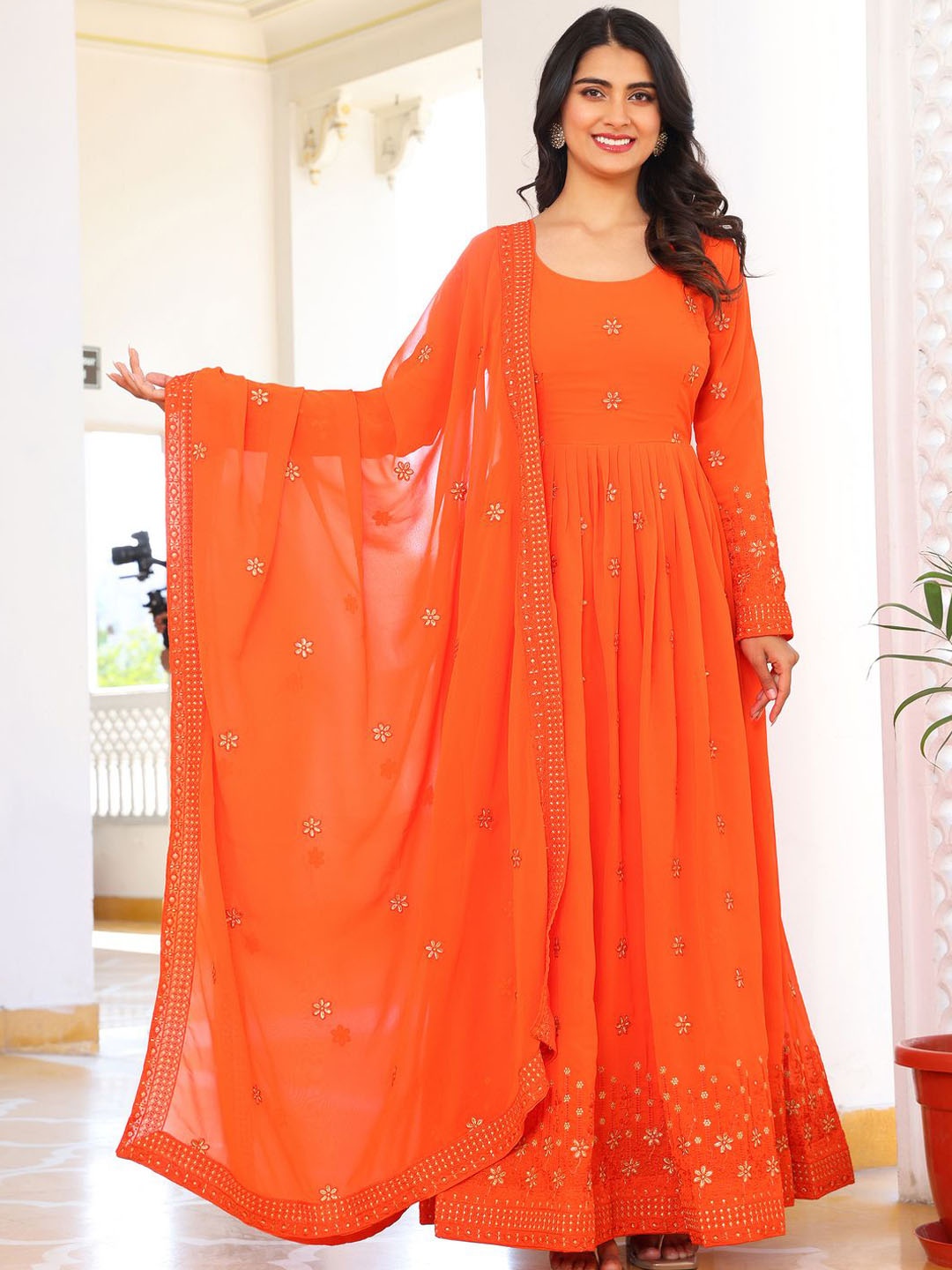 KALINI Embroidered Sequinned Round Neck Anarkali Kurta With Pyjamas & Dupatta, Orange
KALINI Embroidered Sequinned Round Neck Anarkali Kurta With Pyjamas & Dupatta, Orange