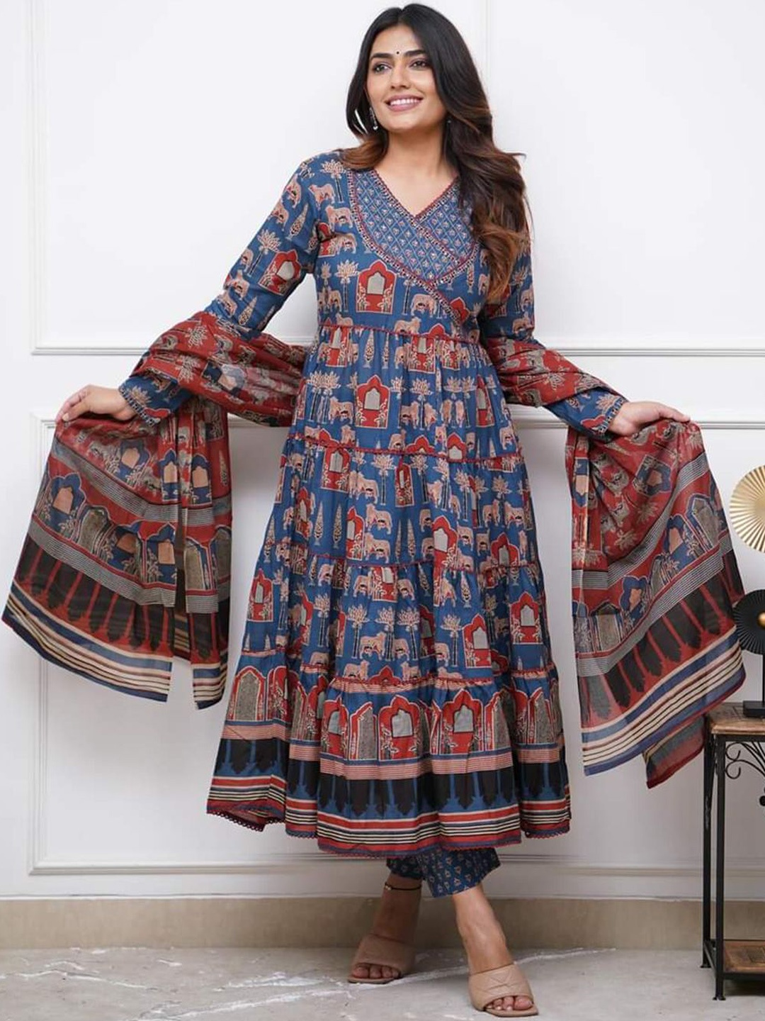 KALINI Ethnic Motifs Printed V-Neck Pure Cotton Anarkali Kurta With Palazzos And Dupatta, Blue
KALINI Ethnic Motifs Printed V-Neck Pure Cotton Anarkali Kurta With Palazzos And Dupatta, Blue