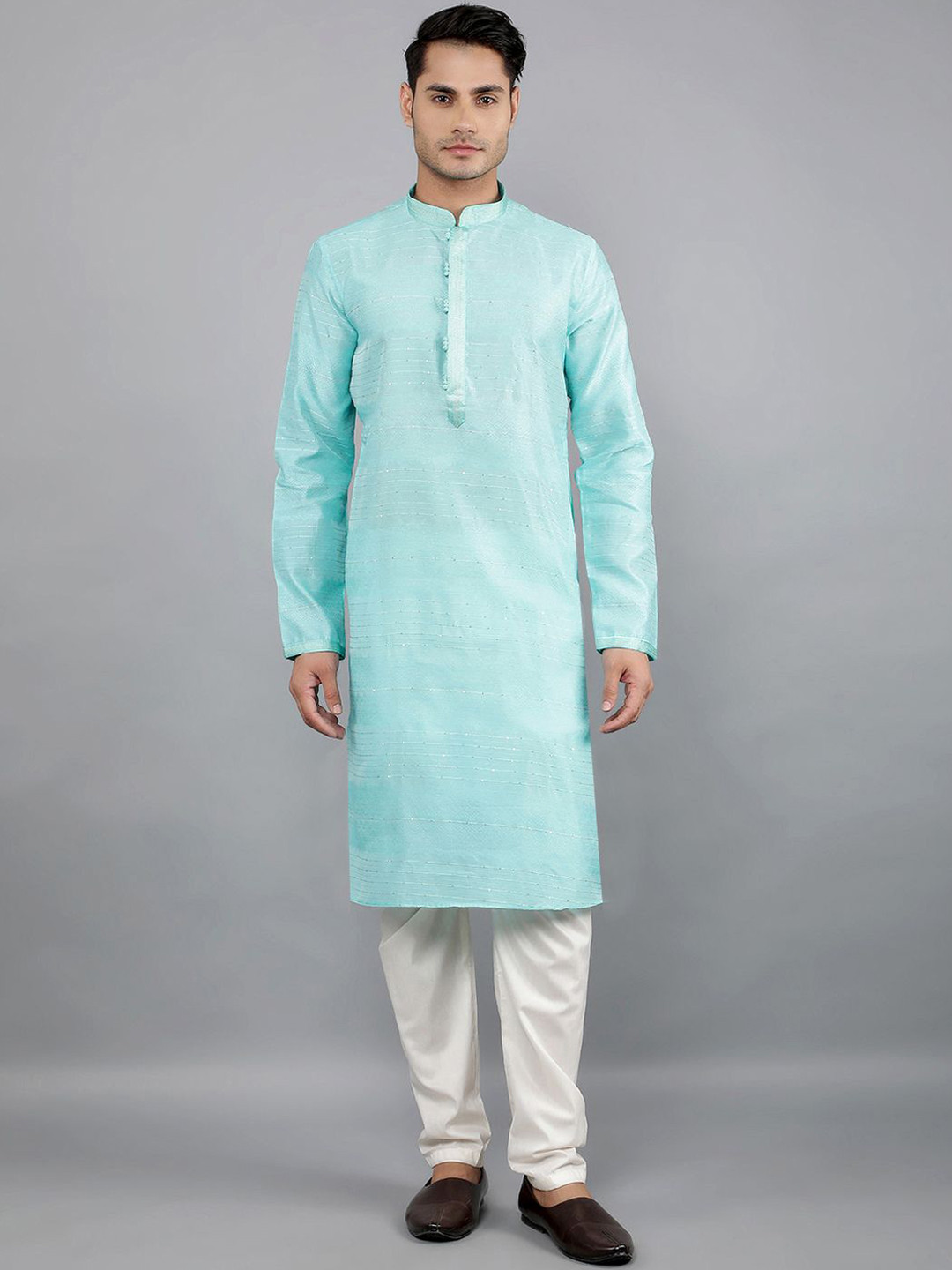 Manish Creations Geometric Woven Design Band Collar Jacquard Kurta with Churidar, Blue
Manish Creations Geometric Woven Design Band Collar Jacquard Kurta with Churidar, Blue