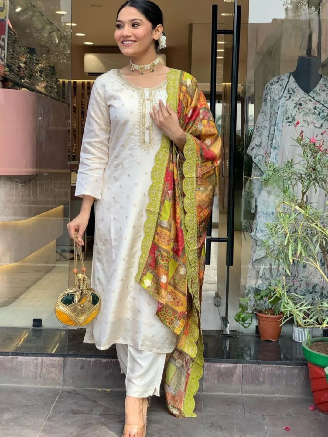 KALINI Embroidered Boat-Neck Thread Work Chanderi Silk Straight Kurta Pant Dupatta, White
KALINI Embroidered Boat-Neck Thread Work Chanderi Silk Straight Kurta Pant Dupatta, White