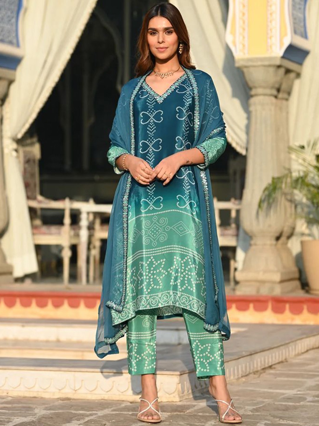 Anara Bandhani Printed V-Neck Sequinned Straight Kurta With Trouser & Dupatta, Turquoise blue
Anara Bandhani Printed V-Neck Sequinned Straight Kurta With Trouser & Dupatta, Turquoise blue