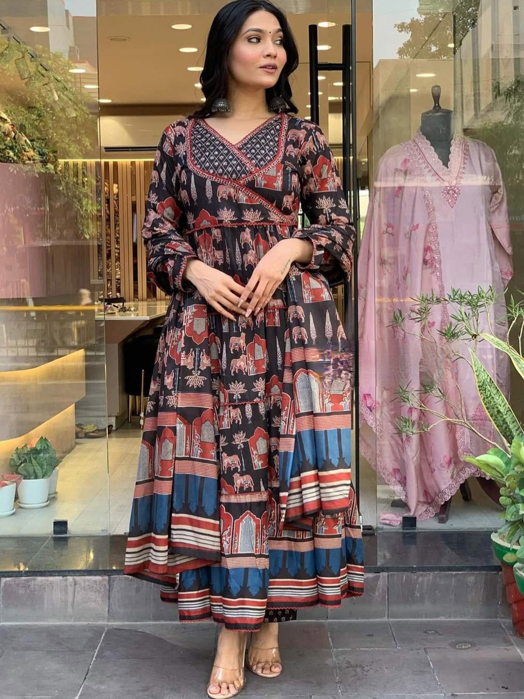 KALINI Animal Printed Anarkali Thread Work Pure Cotton Kurta With Palazzos And Dupatta, Black
KALINI Animal Printed Anarkali Thread Work Pure Cotton Kurta With Palazzos And Dupatta, Black