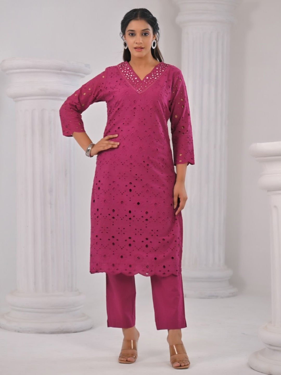 AUTUMN LANE Embroidered V-Neck Straight Mirror Work Pure Cotton Kurta With Trousers, Pink
AUTUMN LANE Embroidered V-Neck Straight Mirror Work Pure Cotton Kurta With Trousers, Pink