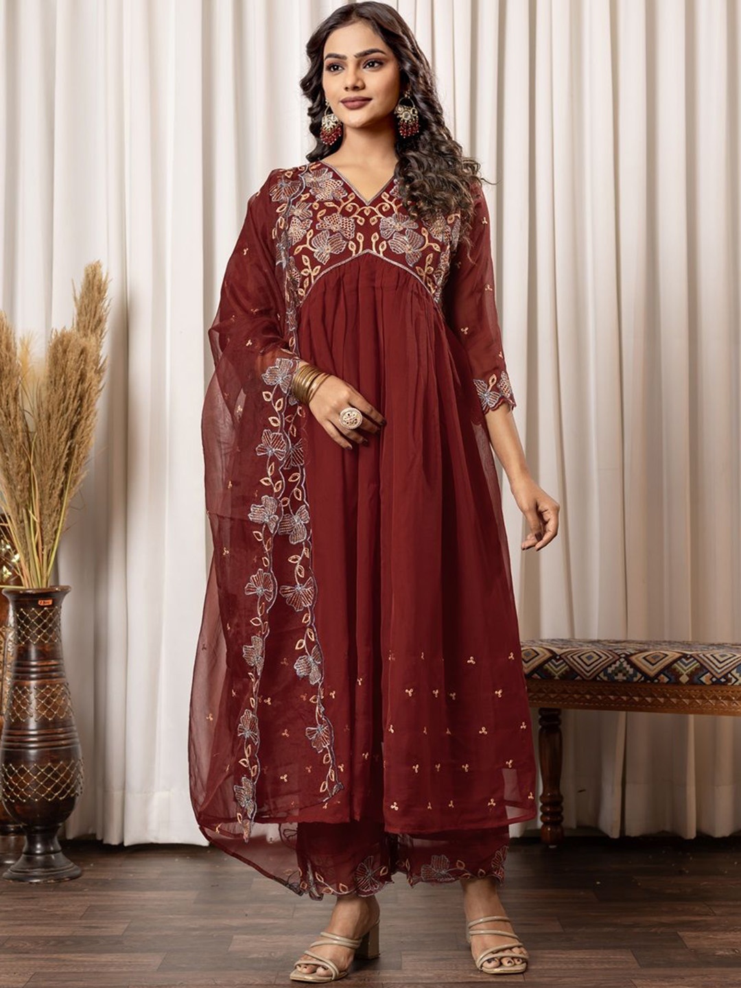 DRESOUL Floral Yoke Design Empire Anarkali Kurta With Trousers & Dupatta, Red
DRESOUL Floral Yoke Design Empire Anarkali Kurta With Trousers & Dupatta, Red